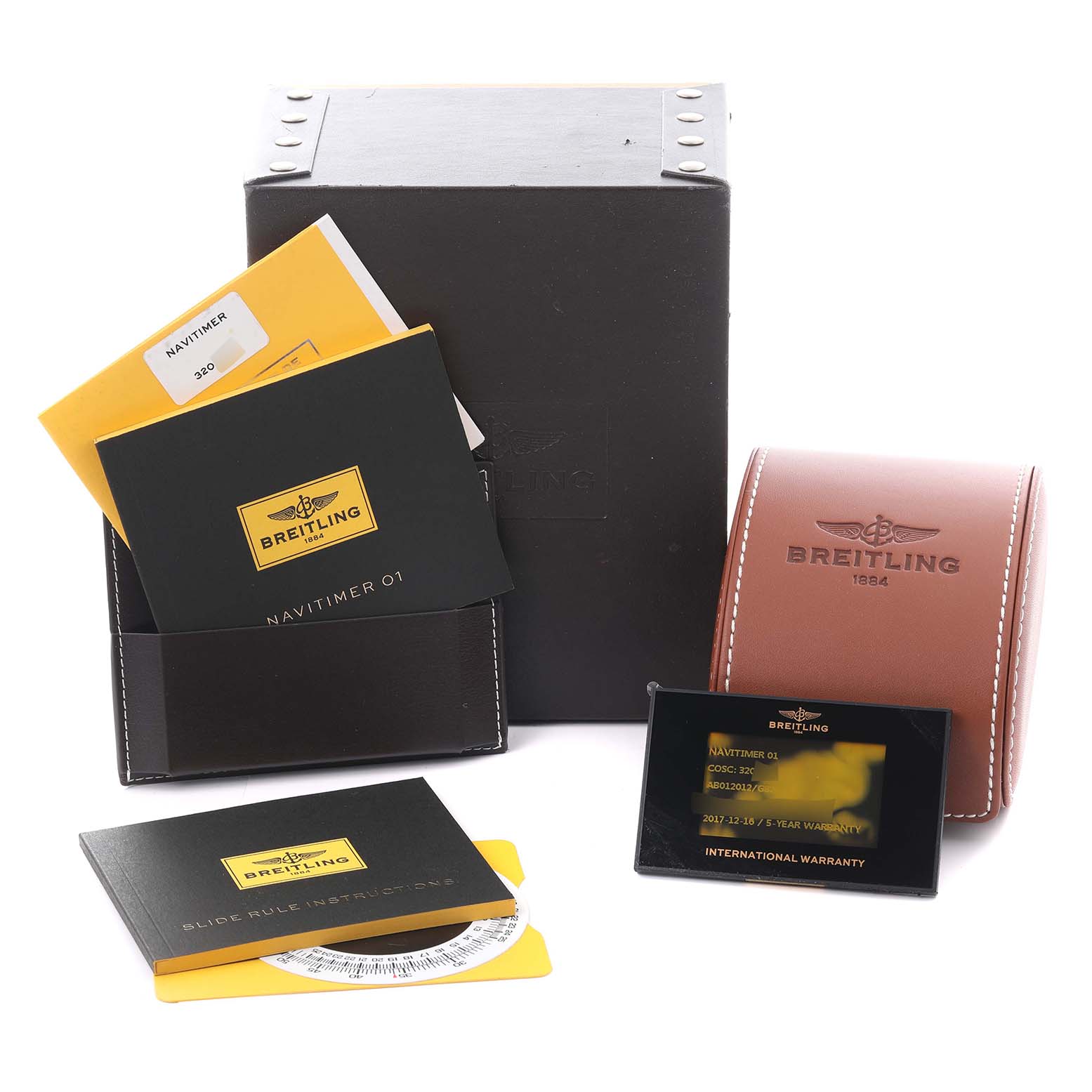 The image shows Breitling Navitimer AB012012/G826 Men's Stainless Steel White Dial AB012012/G826 Men's Stainless Steel White Dial accessories, including manuals, warranty, a box, and a case, viewed from the front.