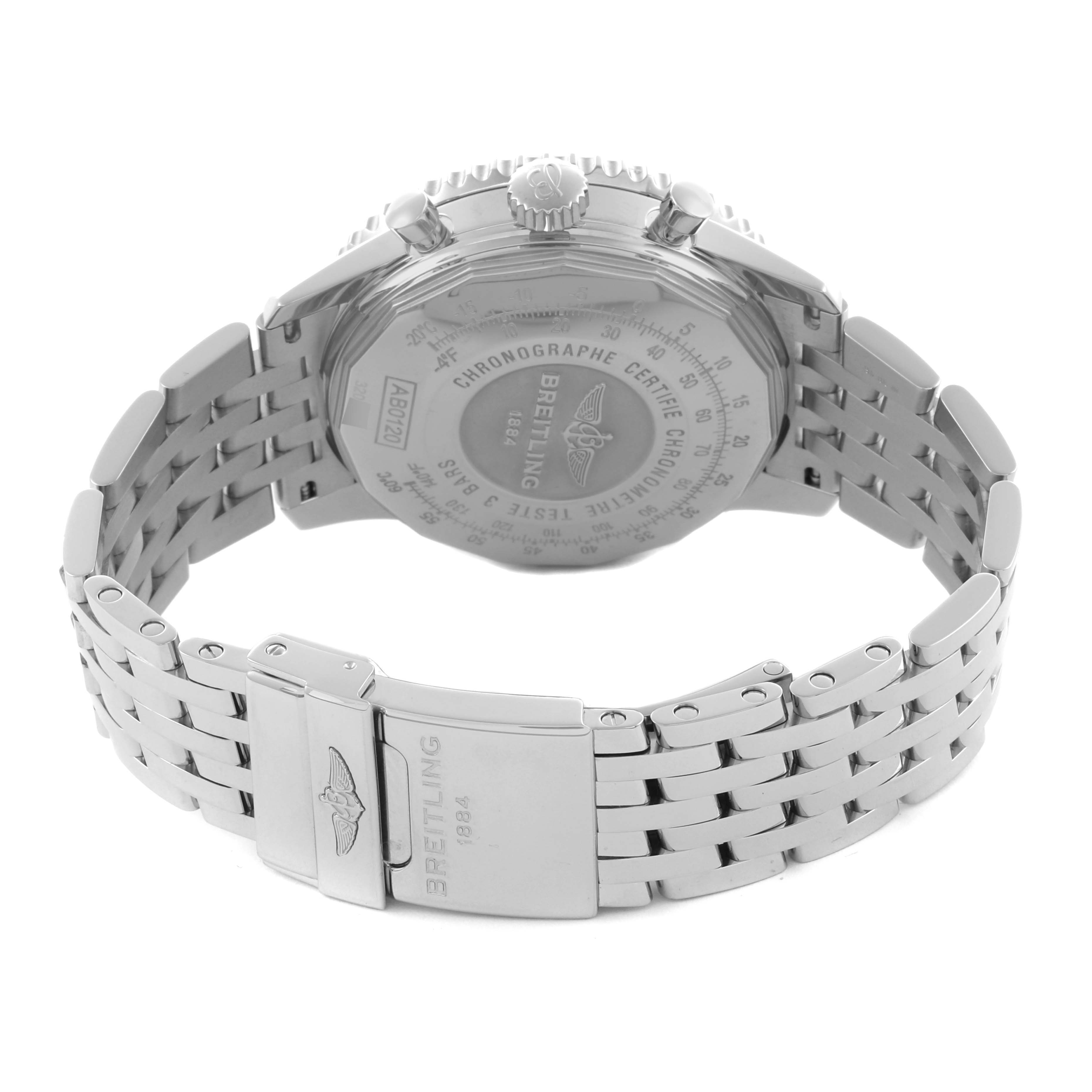 The Breitling Navitimer AB012012/G826 Men's Stainless Steel White Dial AB012012/G826 Men's Stainless Steel White Dial watch is shown from the back, highlighting its clasp, bracelet, and engraved case back.