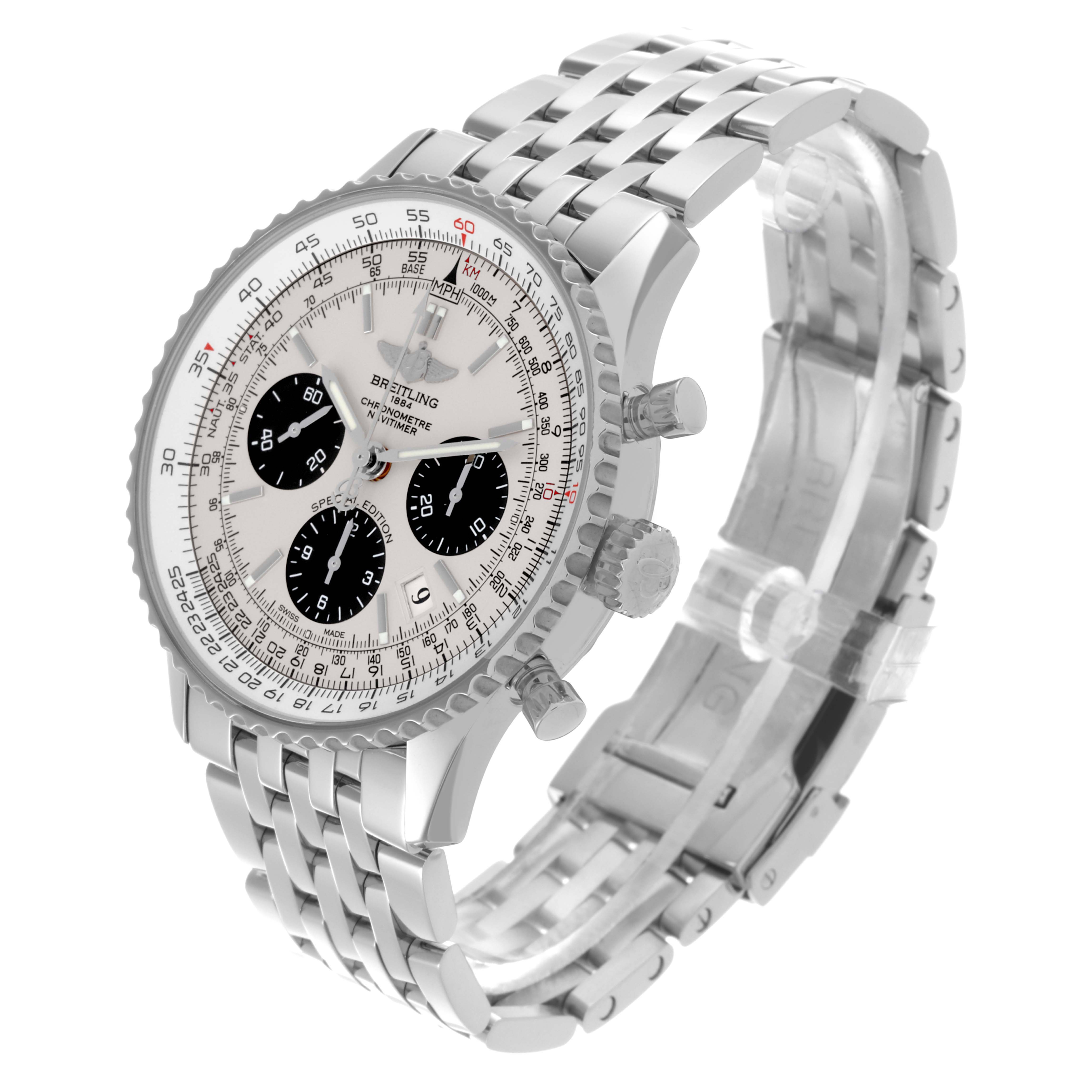 The Breitling Navitimer AB012012/G826 Men's Stainless Steel White Dial AB012012/G826 Men's Stainless Steel White Dial watch is shown at a three-quarter angle, displaying the face, bezel, crowns, and stainless steel bracelet.