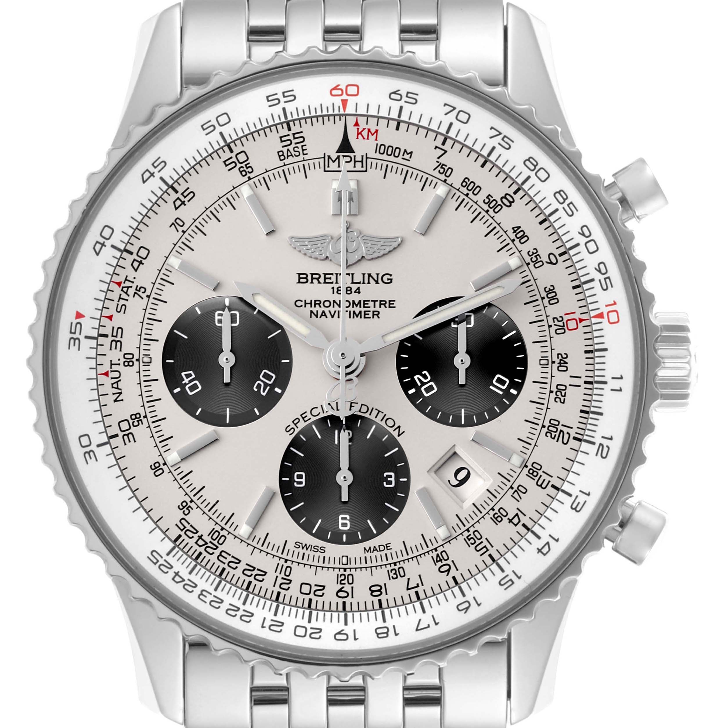 The Breitling Navitimer AB012012/G826 Men's Stainless Steel White Dial AB012012/G826 Men's Stainless Steel White Dial watch is shown from a frontal angle, highlighting its dial, bezel, and chronograph subdials.