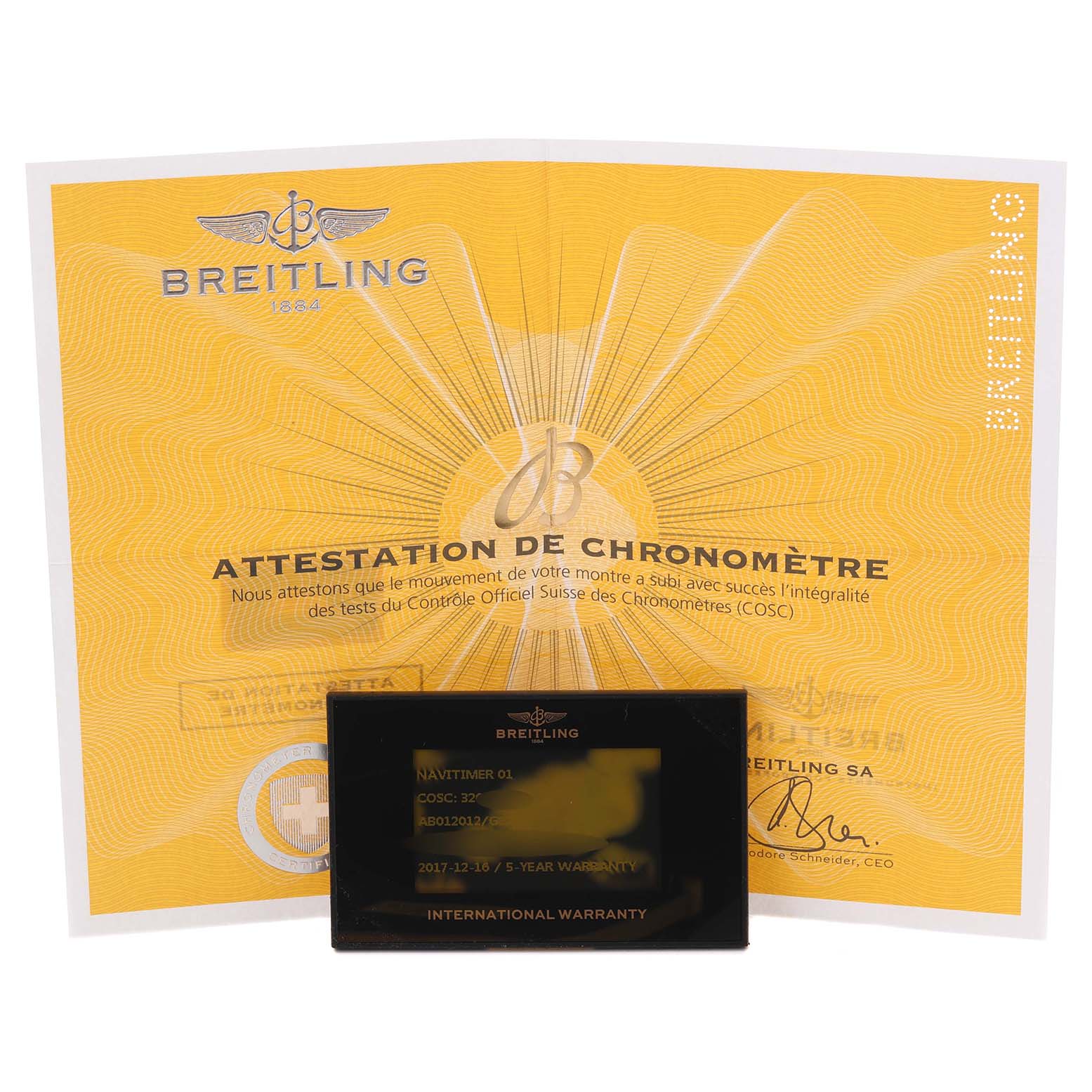 The image shows a Breitling Navitimer AB012012/G826 Men's Stainless Steel White Dial AB012012/G826 Men's Stainless Steel White Dial warranty card and chronometer certificate.