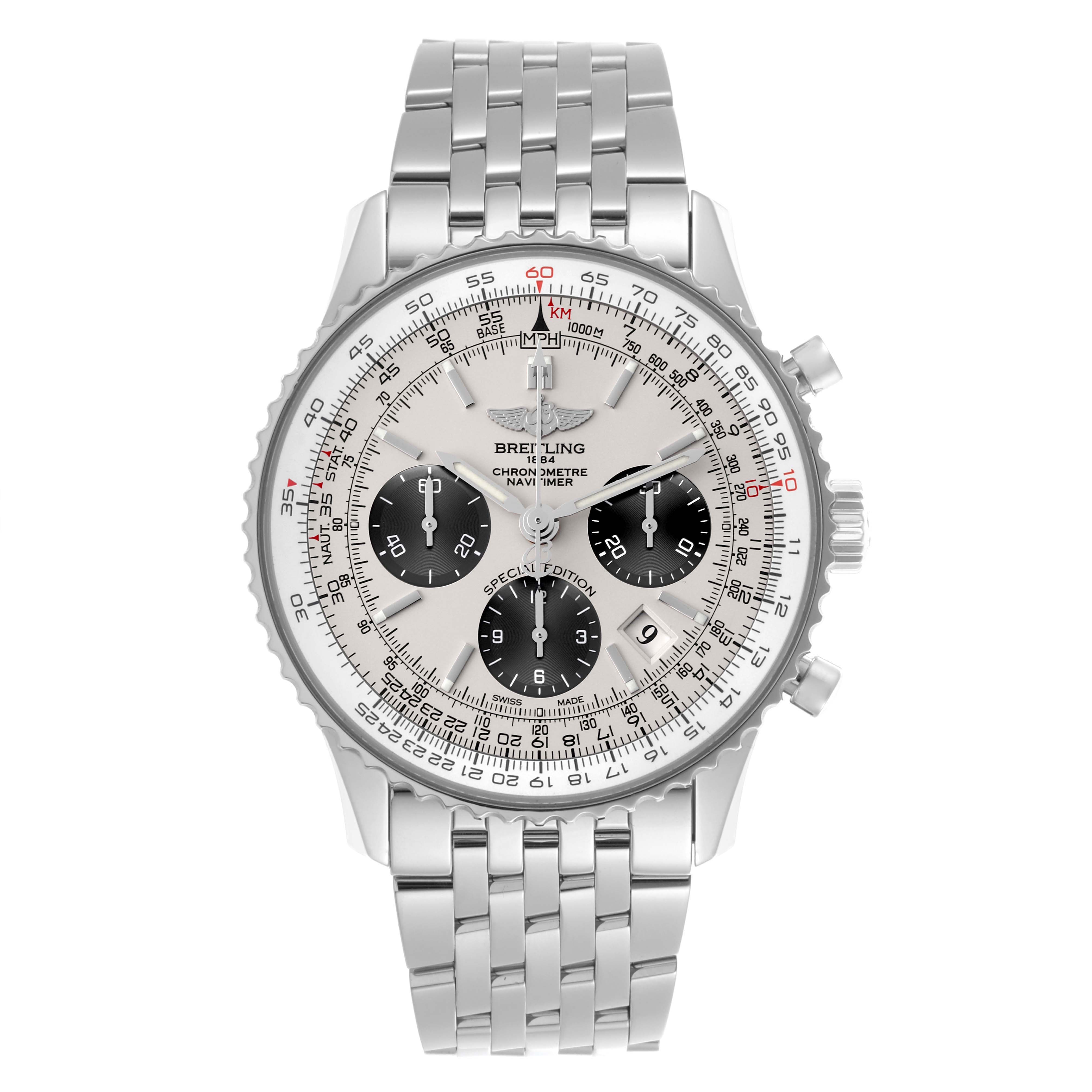 The Breitling Navitimer AB012012/G826 Men's Stainless Steel White Dial AB012012/G826 Men's Stainless Steel White Dial watch is shown from the front, displaying the dial, bezel, pushers, and bracelet.