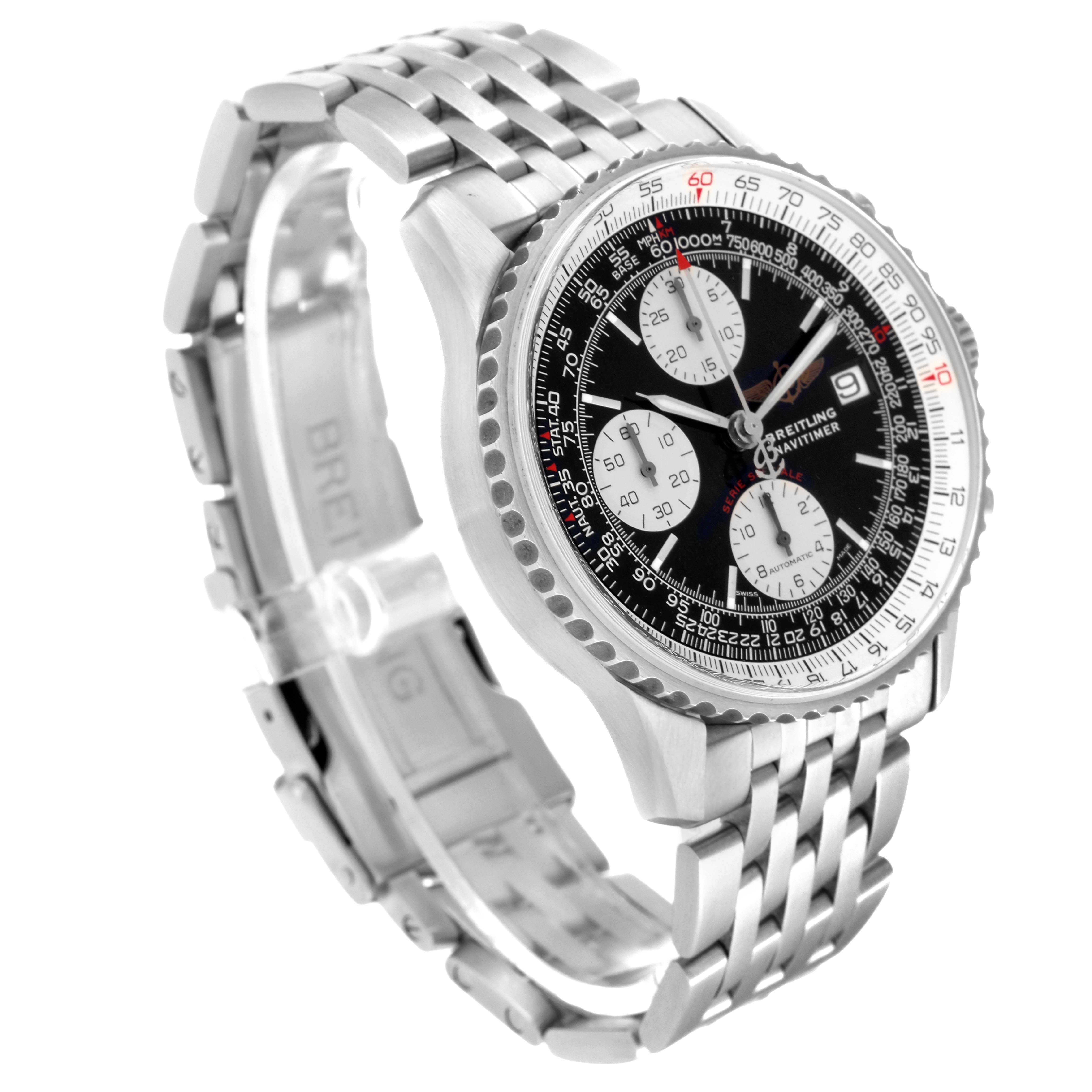 The image shows a Breitling Navitimer A13330 Men
s Stainless Steel Black Dial A13330 Men
s Stainless Steel Black Dial watch angled from the left side, displaying the face, bezel, and part of the metal bracelet.