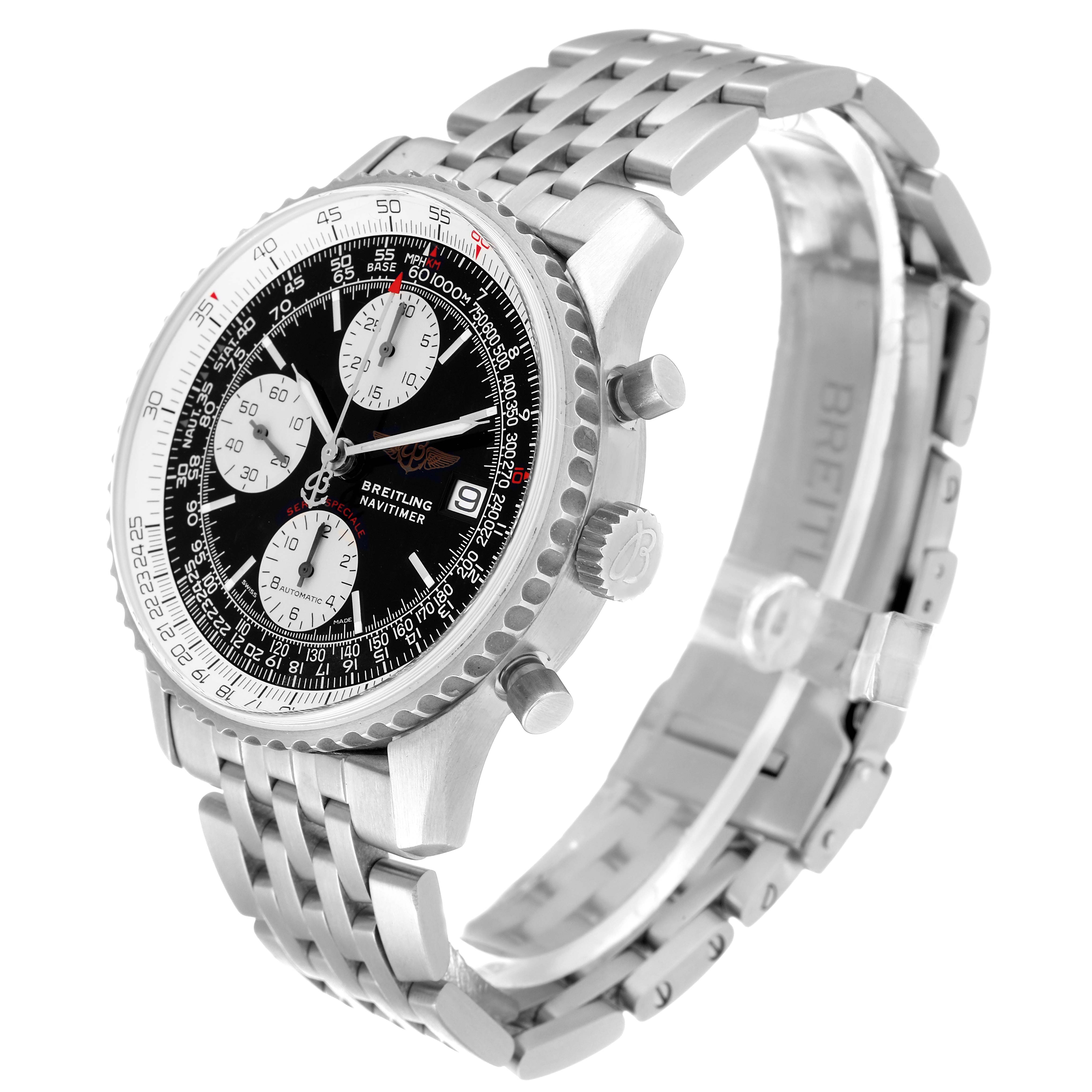 The image shows a Breitling Navitimer A13330 Men
s Stainless Steel Black Dial A13330 Men
s Stainless Steel Black Dial watch at an angled side view, highlighting the face, crown, pushers, bracelet, and clasp.