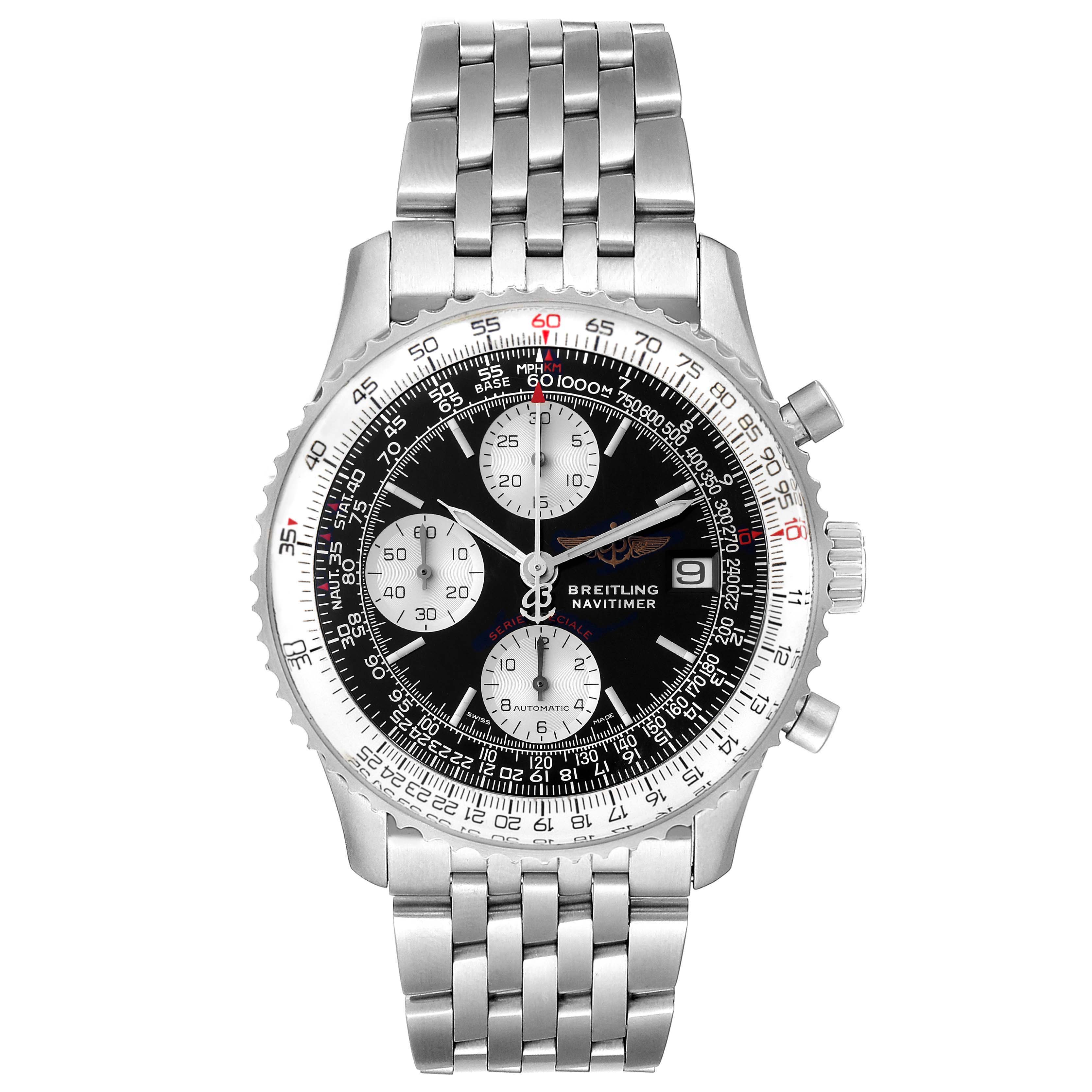 The image shows a front view of a Breitling Navitimer A13330 Men
s Stainless Steel Black Dial A13330 Men
s Stainless Steel Black Dial watch, displaying its dial, chronograph subdials, and metal bracelet.