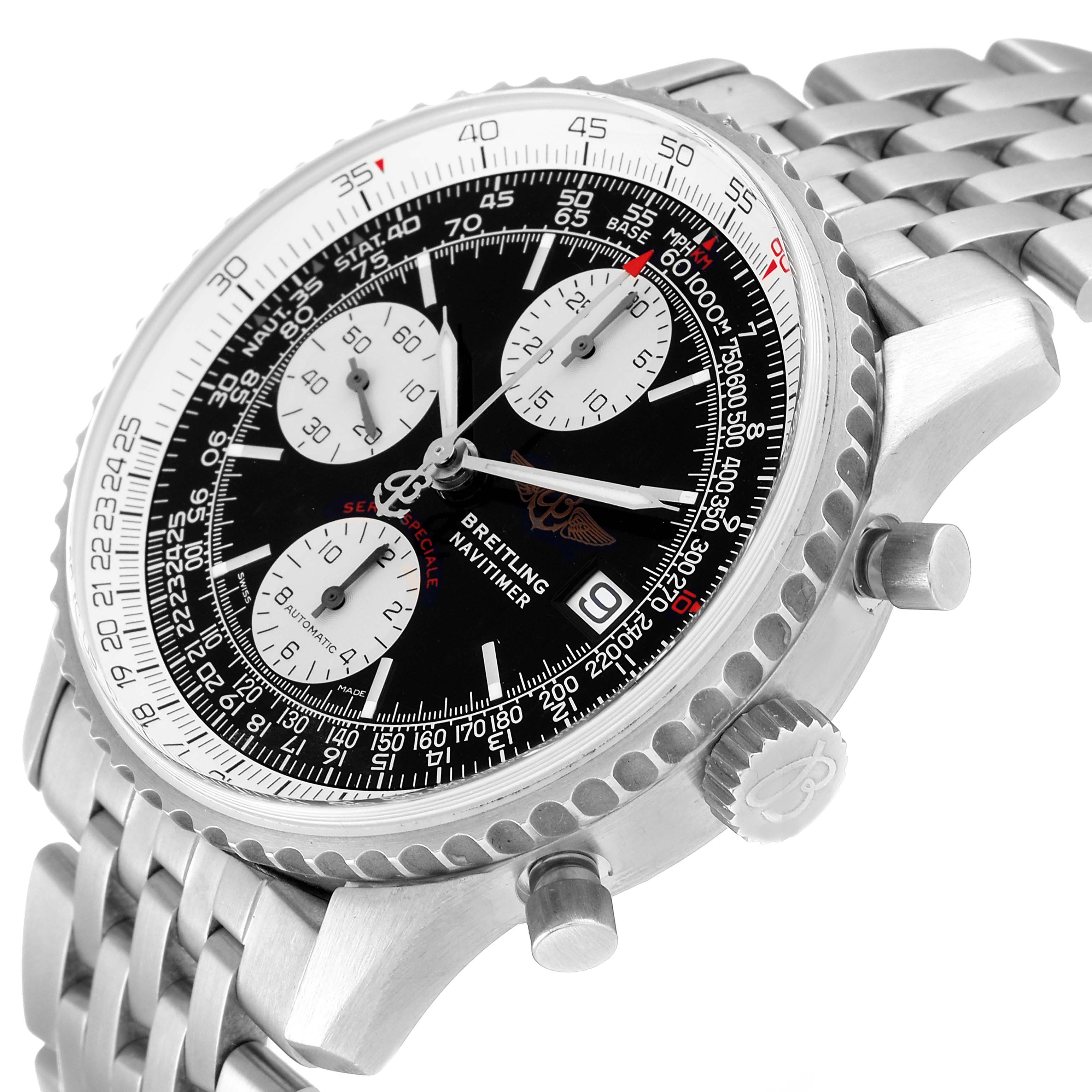The image shows a three-quarter angle view of the Breitling Navitimer A13330 Men
s Stainless Steel Black Dial A13330 Men
s Stainless Steel Black Dial watch, highlighting its bezel, chronograph dials, crown, and bracelet.