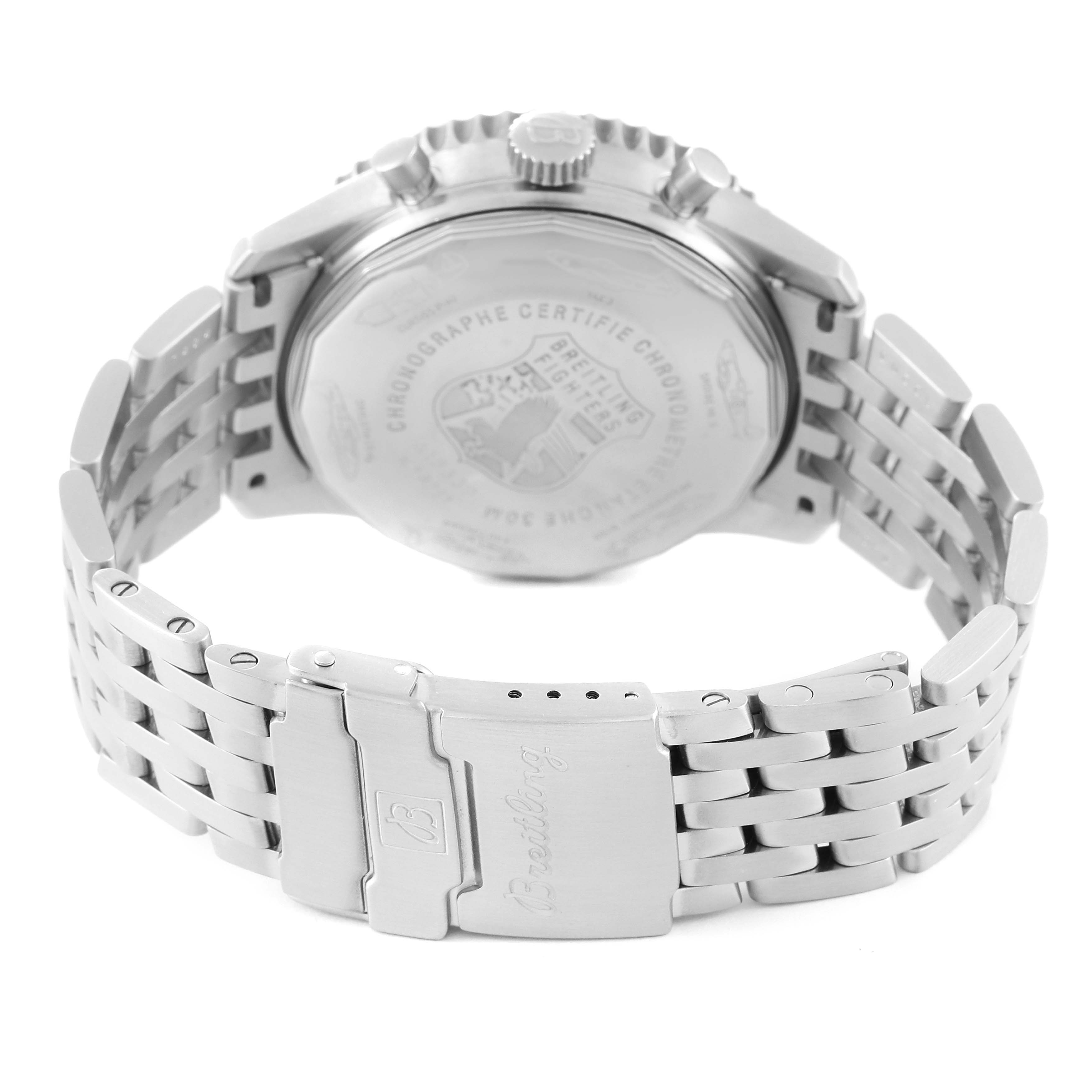 The image shows the back side and clasp of the Breitling Navitimer A13330 Men
s Stainless Steel Black Dial A13330 Men
s Stainless Steel Black Dial watch, including its engraved case back and bracelet.