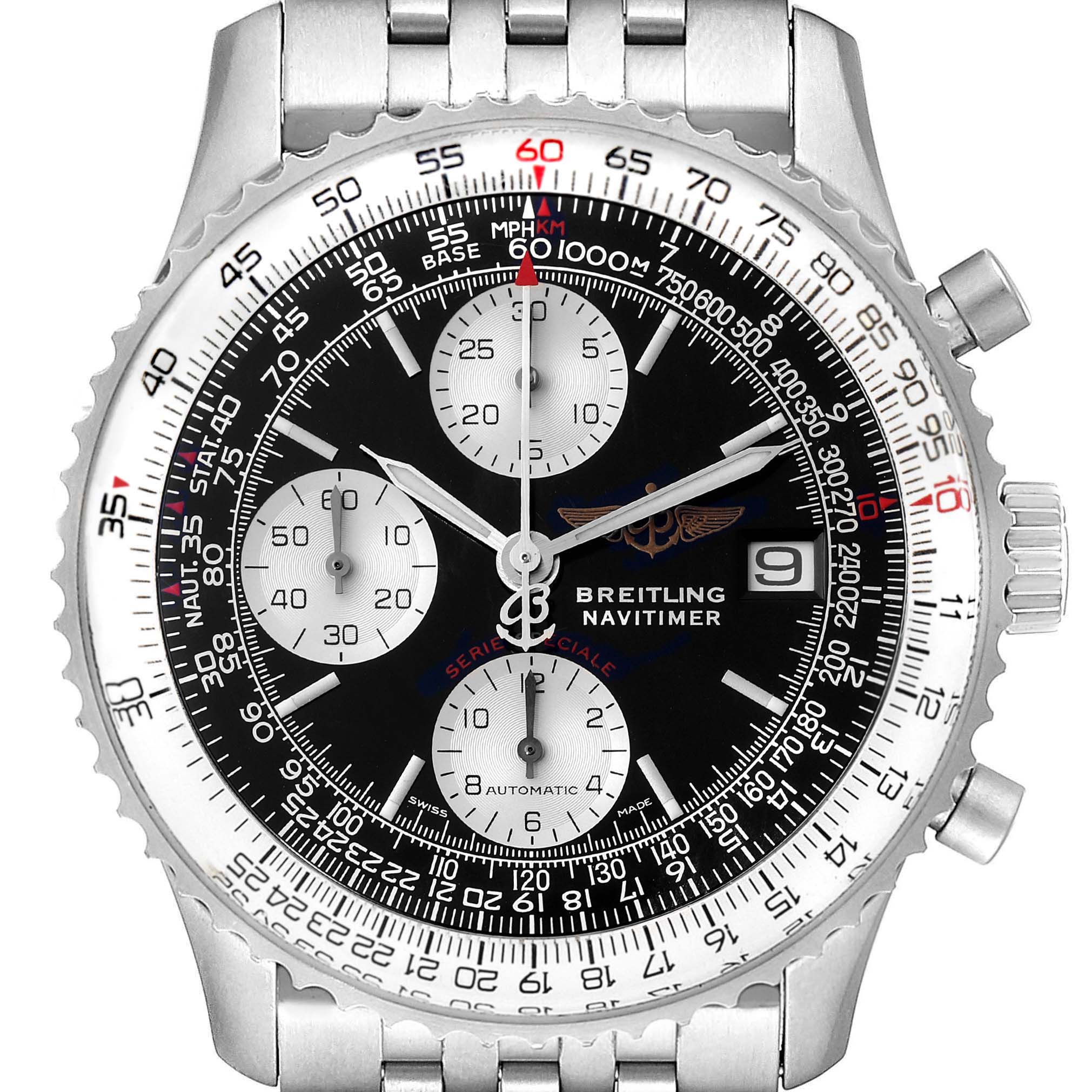 The image shows a front view of a Breitling Navitimer A13330 Men
s Stainless Steel Black Dial A13330 Men
s Stainless Steel Black Dial watch with a focus on the face, bezel, and part of the stainless steel band.