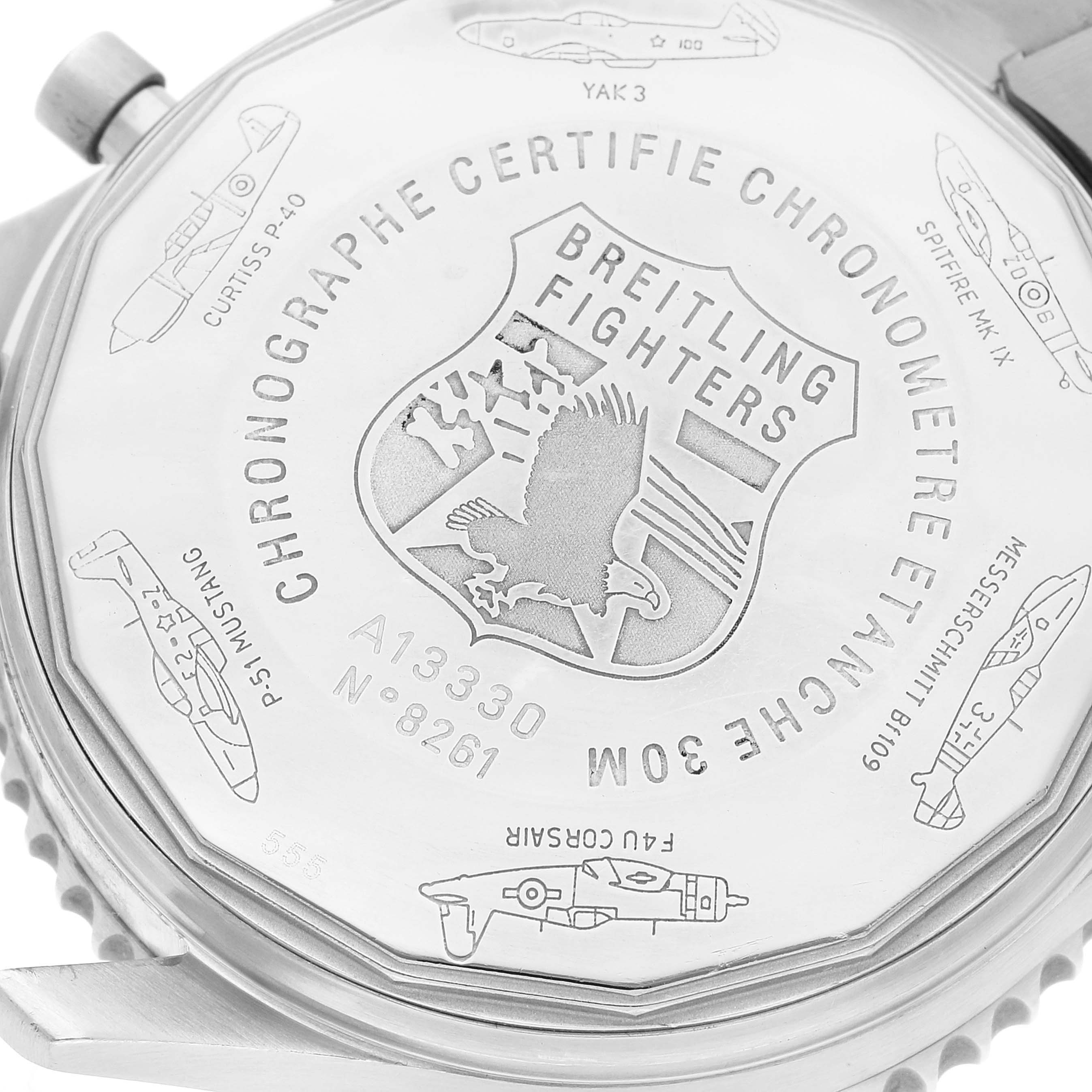 The image shows the back case of a Breitling Navitimer A13330 Men
s Stainless Steel Black Dial A13330 Men
s Stainless Steel Black Dial watch, featuring engravings and brand markings.