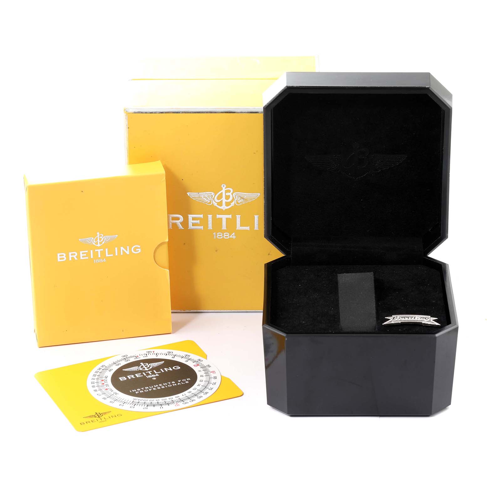 The image shows the packaging box, inner case, and documentation for a Breitling Navitimer A13330 Men
s Stainless Steel Black Dial A13330 Men
s Stainless Steel Black Dial watch.