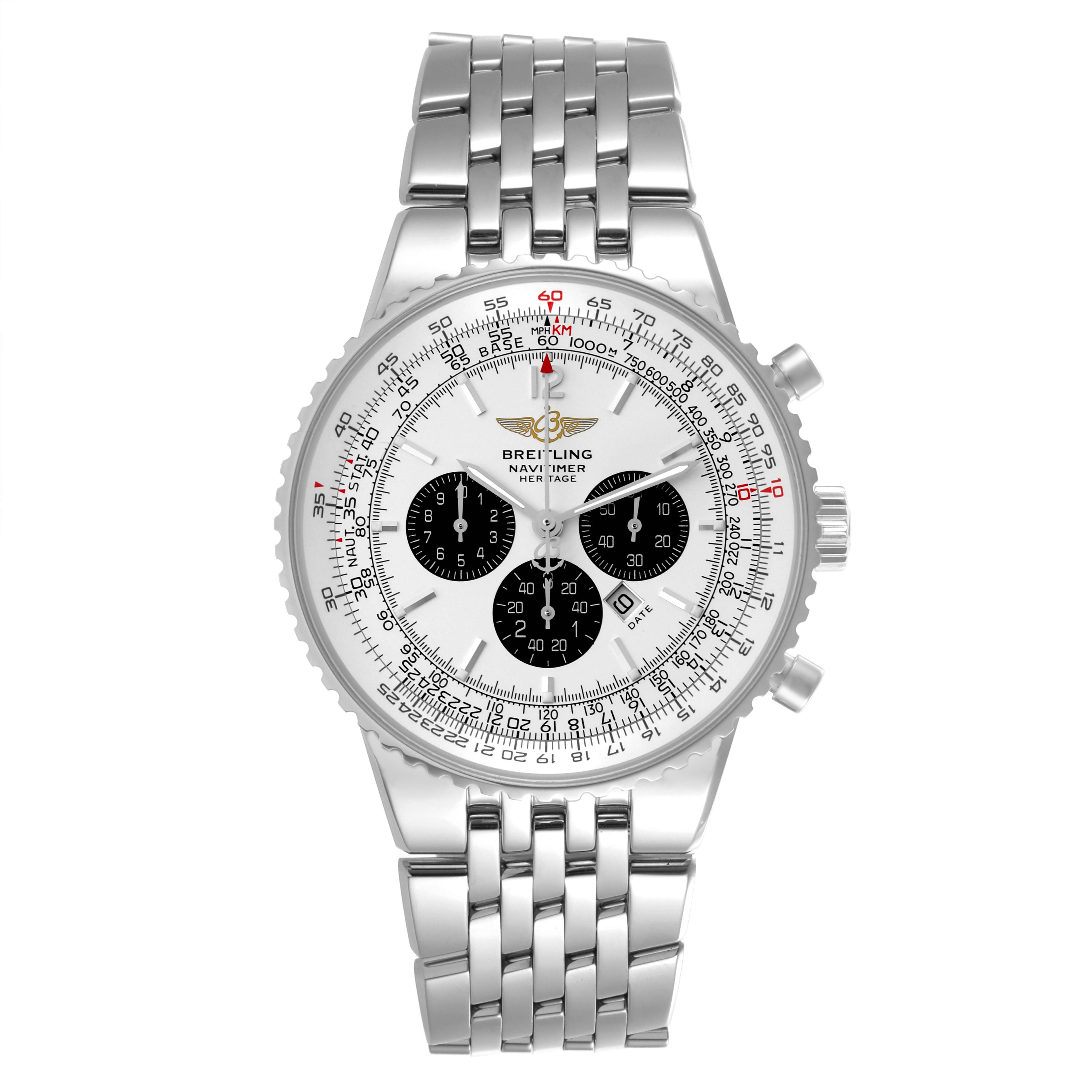 The Breitling Navitimer A35350 Men's Stainless Steel White Dial A35350 Men's Stainless Steel White Dial watch is shown from a top angle, displaying the face, chronograph dials, and metal bracelet.