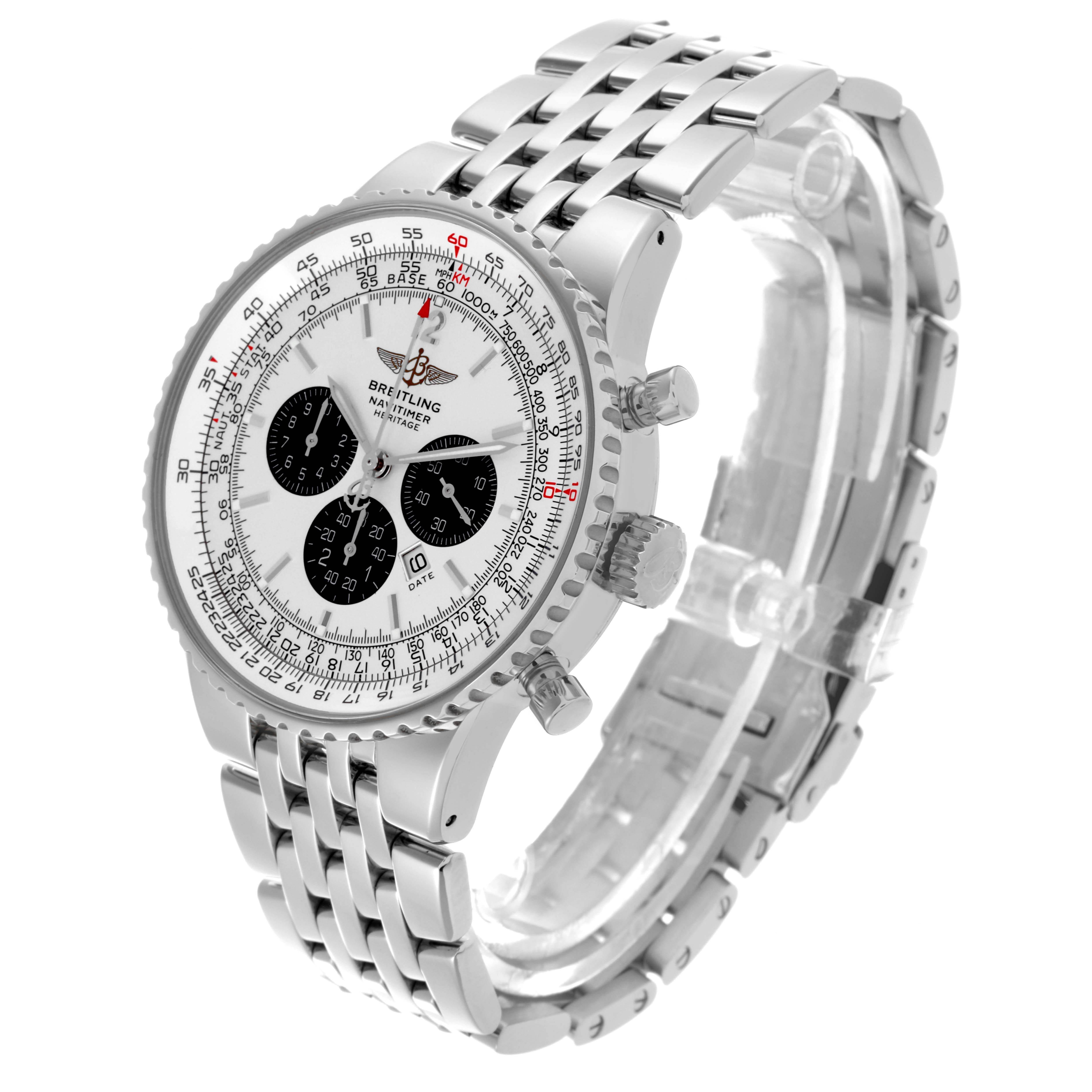 The Breitling Navitimer A35350 Men's Stainless Steel White Dial A35350 Men's Stainless Steel White Dial watch is shown at an angled side view, displaying the face, bezel, crown, and bracelet.