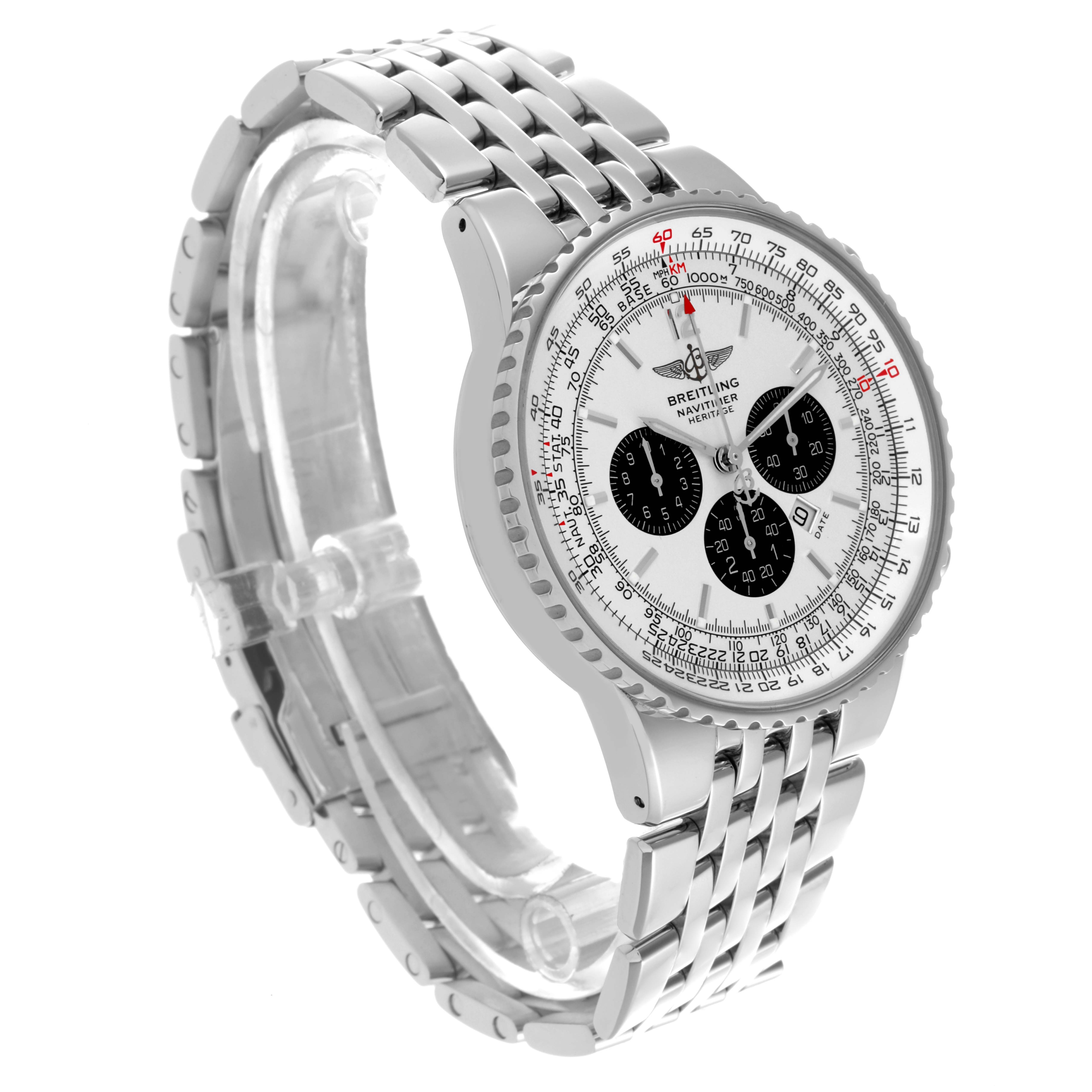 The Breitling Navitimer A35350 Men's Stainless Steel White Dial A35350 Men's Stainless Steel White Dial watch is shown at a three-quarter angle, highlighting the face, bezel, and bracelet.