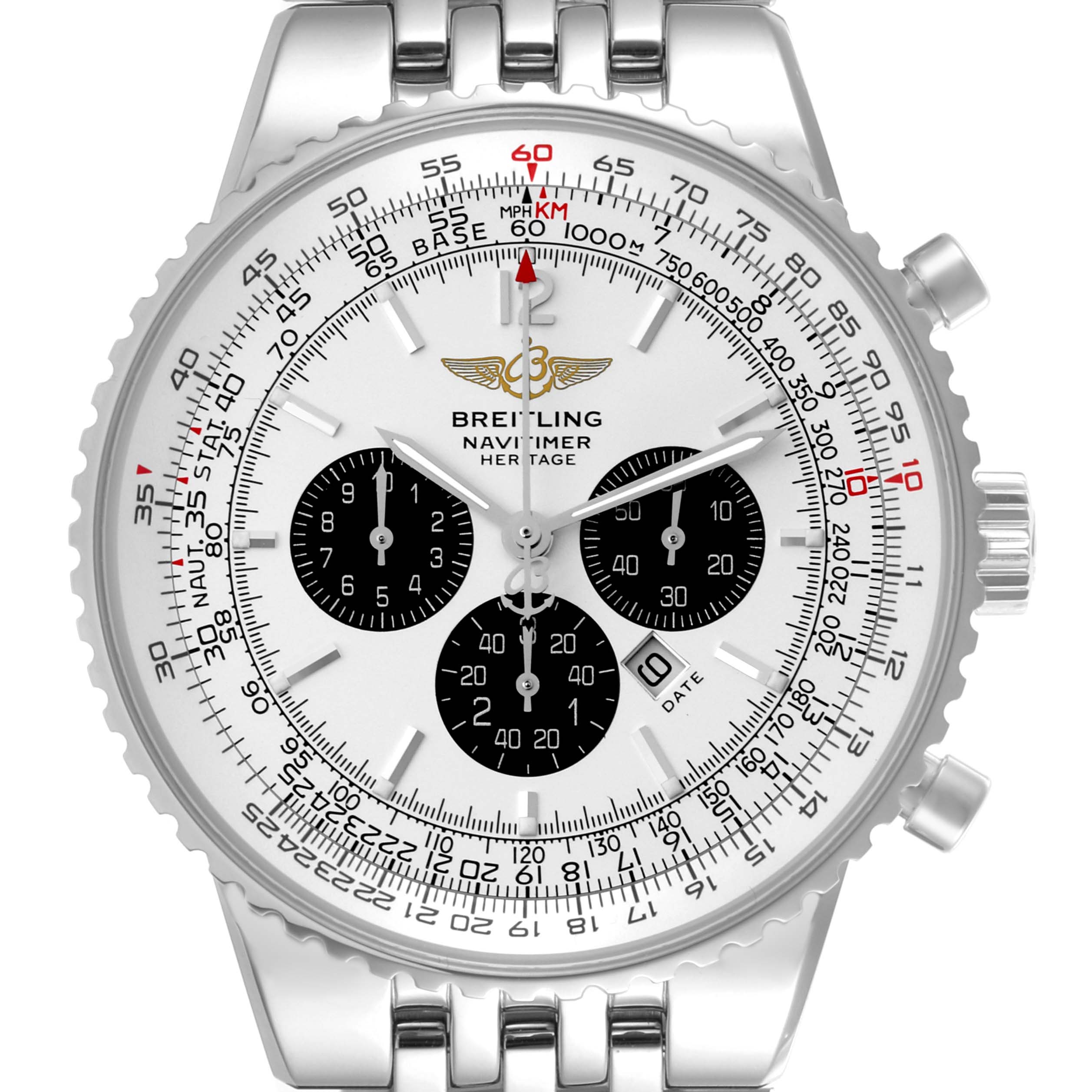 The Breitling Navitimer A35350 Men's Stainless Steel White Dial A35350 Men's Stainless Steel White Dial watch is shown from a top angle, highlighting its face and stainless steel bracelet.