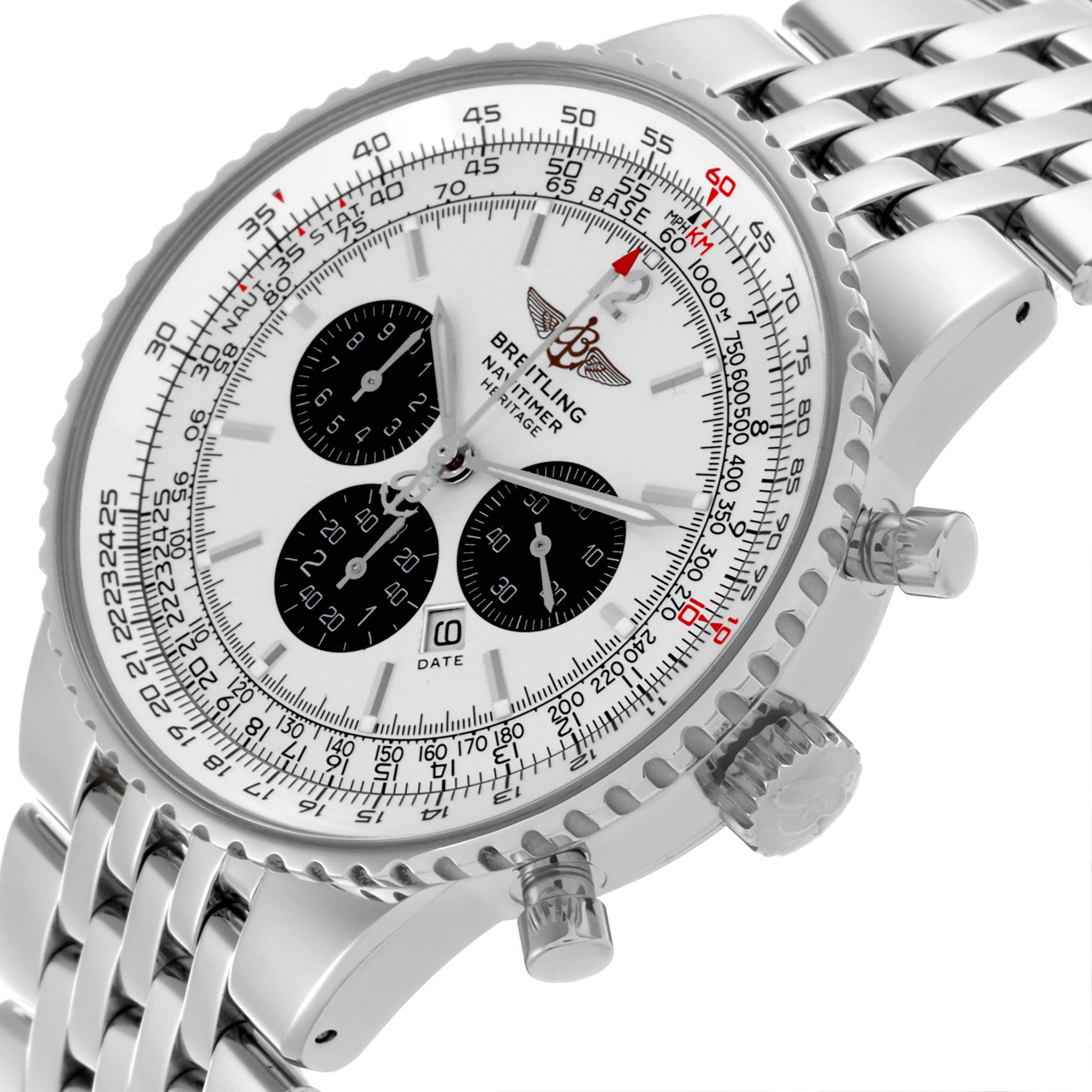 The Breitling Navitimer A35350 Men's Stainless Steel White Dial A35350 Men's Stainless Steel White Dial watch is shown at a three-quarter angle, highlighting the dial, bezel, chronograph subdials, and metal bracelet.