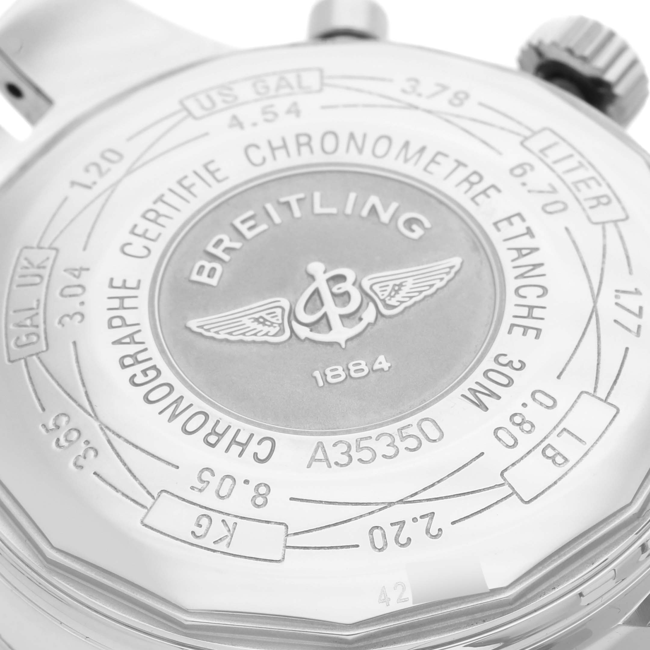 The image shows the back case of a Breitling Navitimer A35350 Men's Stainless Steel White Dial A35350 Men's Stainless Steel White Dial watch, highlighting engravings and the brand logo.