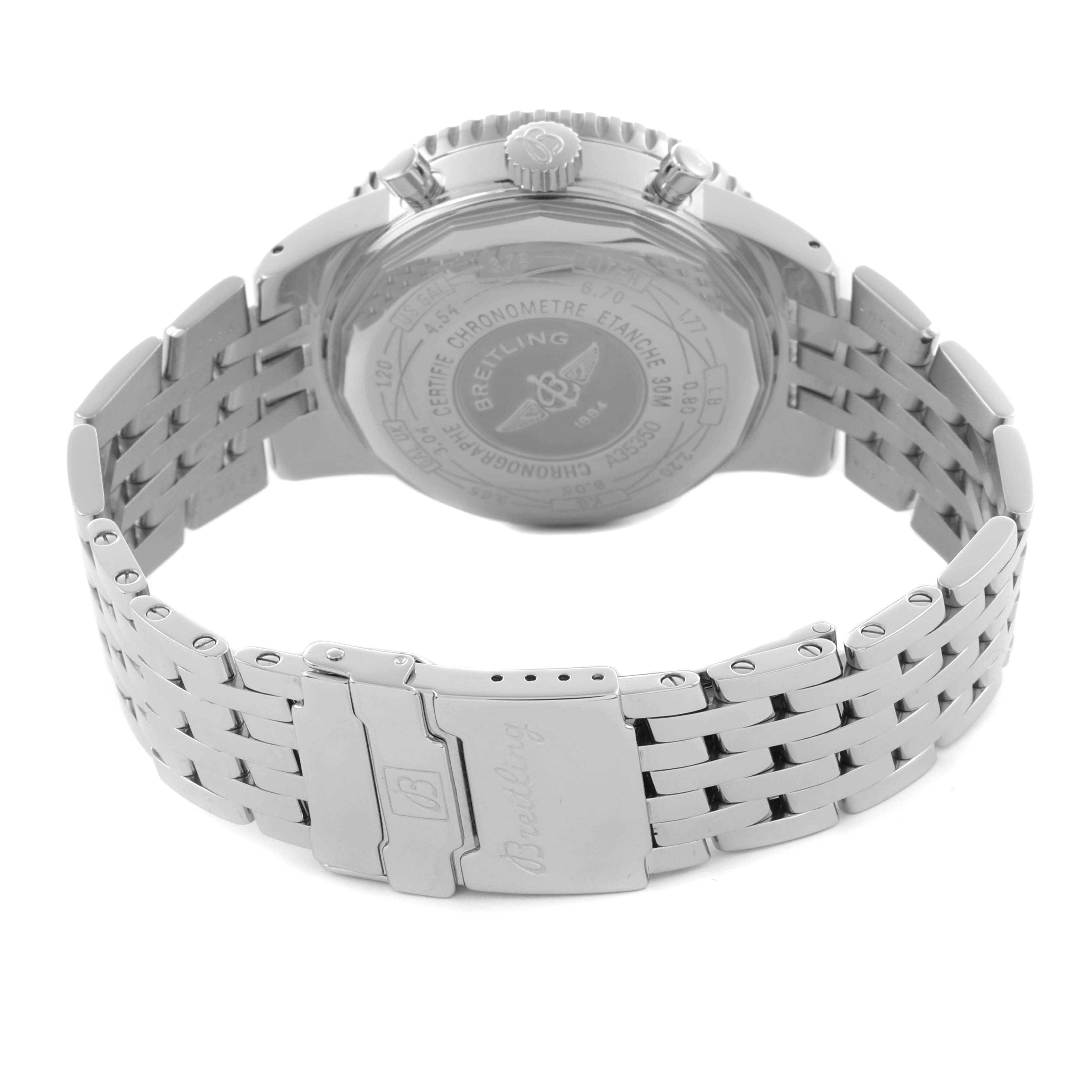 The image shows the back and bracelet of a Breitling Navitimer A35350 Men's Stainless Steel White Dial A35350 Men's Stainless Steel White Dial watch, highlighting the clasp and case back.