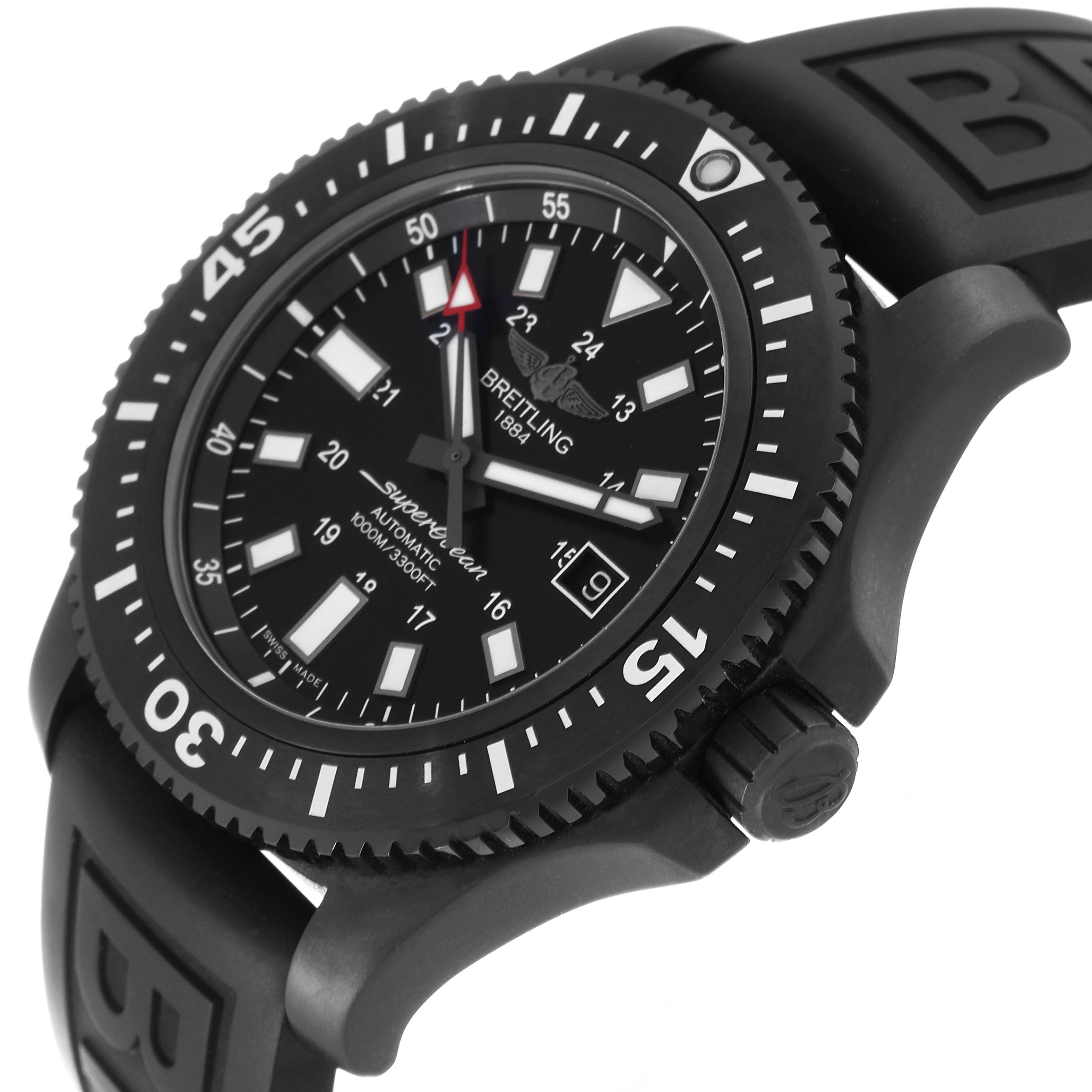 The image shows a Breitling Superocean M17393 Men's Stainless Steel Black Dial M17393 Men's Stainless Steel Black Dial watch angled from the right side, prominently displaying the face, bezel, and part of the strap.