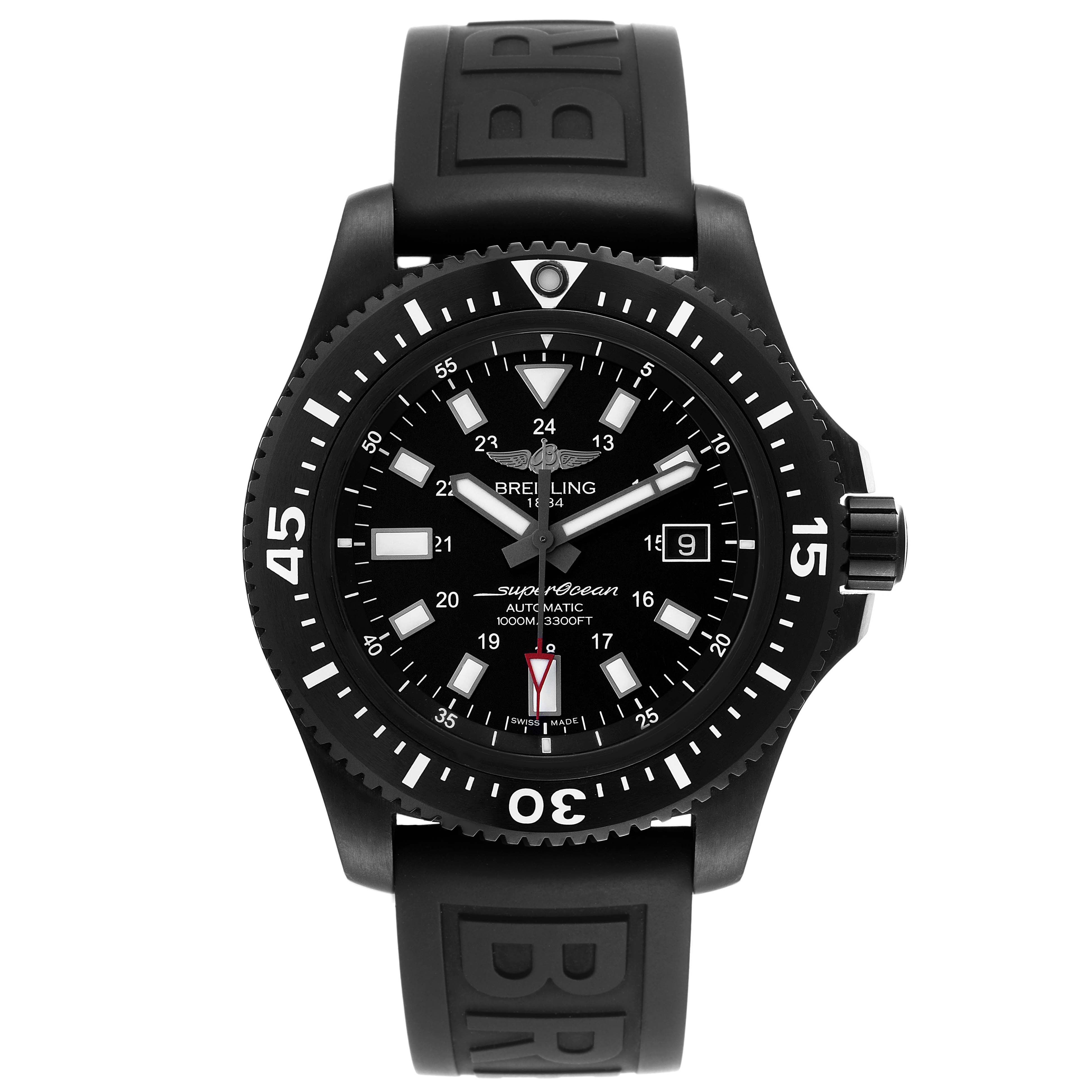 The image shows a front view of a Breitling Superocean M17393 Men's Stainless Steel Black Dial M17393 Men's Stainless Steel Black Dial watch, displaying the dial, bezel, and rubber strap.