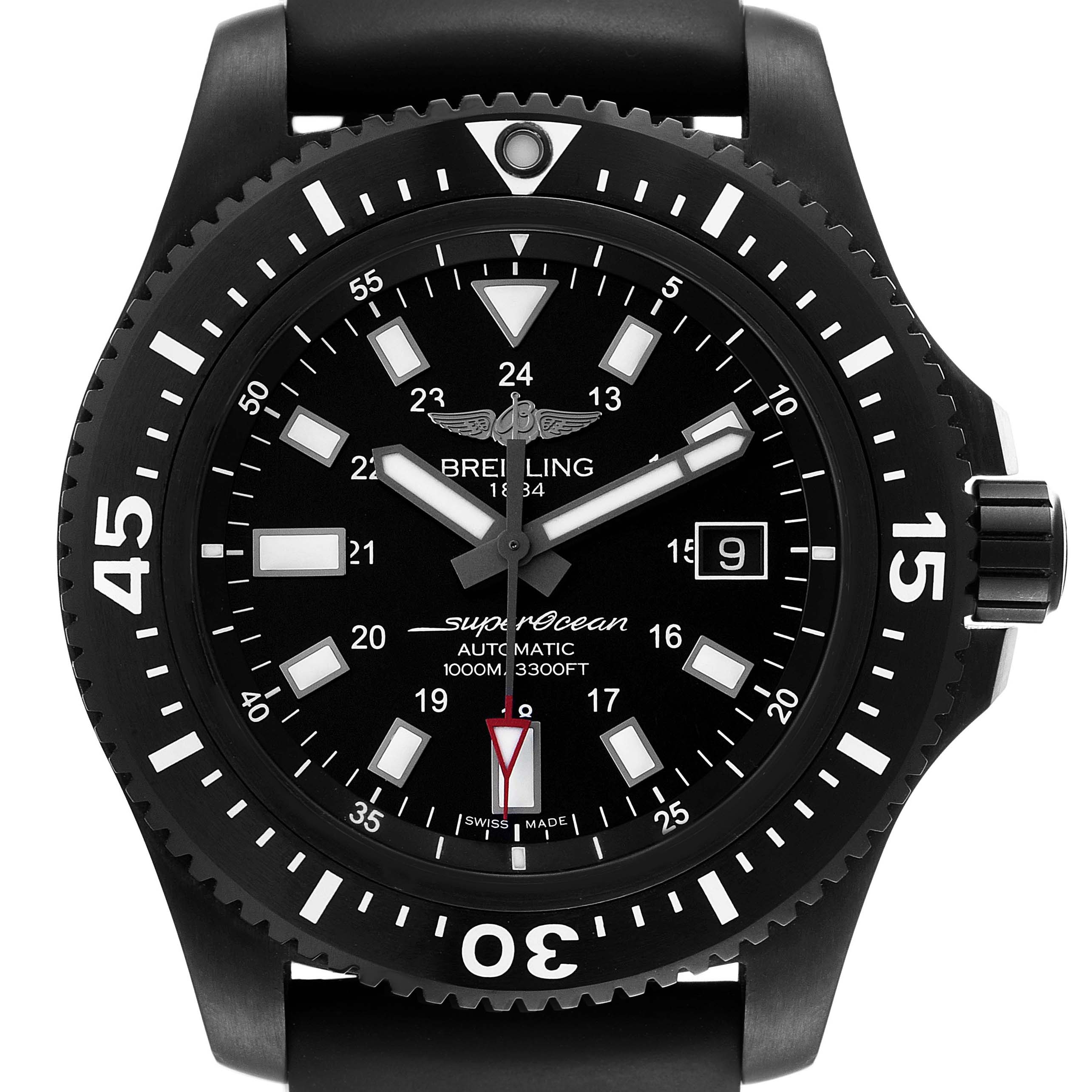 A front view of the Breitling Superocean M17393 Men's Stainless Steel Black Dial M17393 Men's Stainless Steel Black Dial watch shows the bezel, dial, hands, date display, and a portion of the strap.