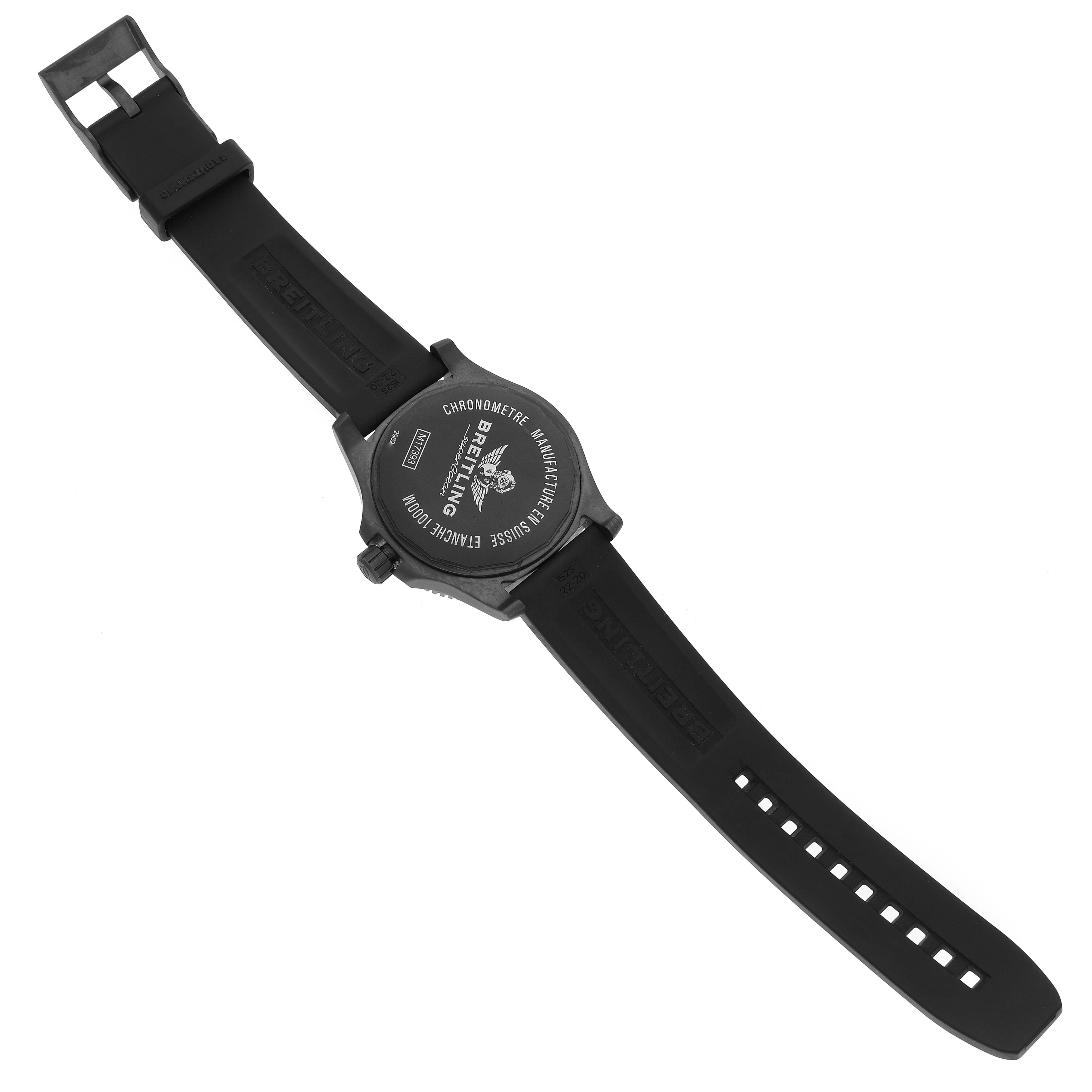 The image shows the back view of a Breitling Superocean M17393 Men's Stainless Steel Black Dial M17393 Men's Stainless Steel Black Dial watch, including the case back and the strap.