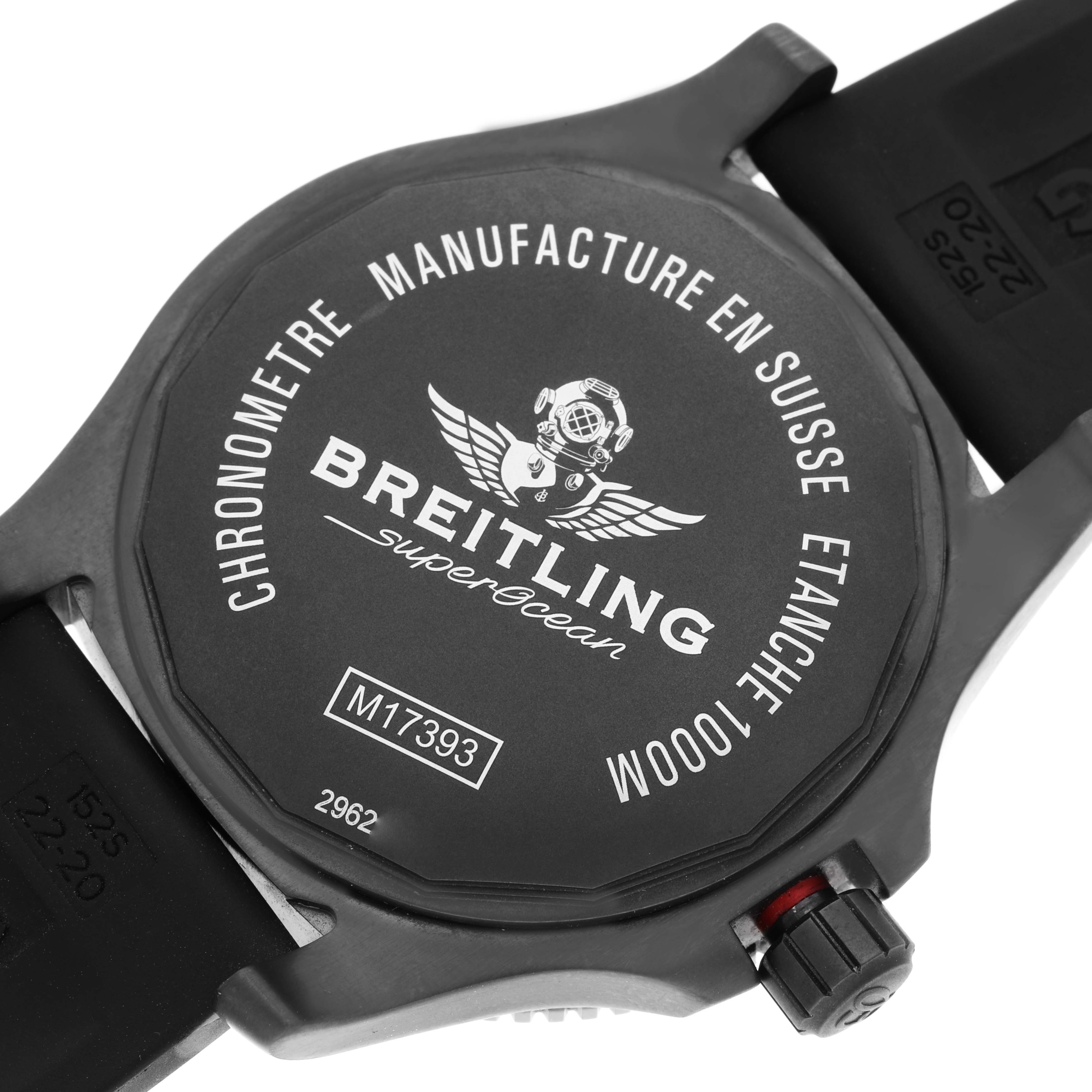 This image shows the back view of the Breitling Superocean M17393 Men's Stainless Steel Black Dial M17393 Men's Stainless Steel Black Dial watch, highlighting the case back and part of the strap.