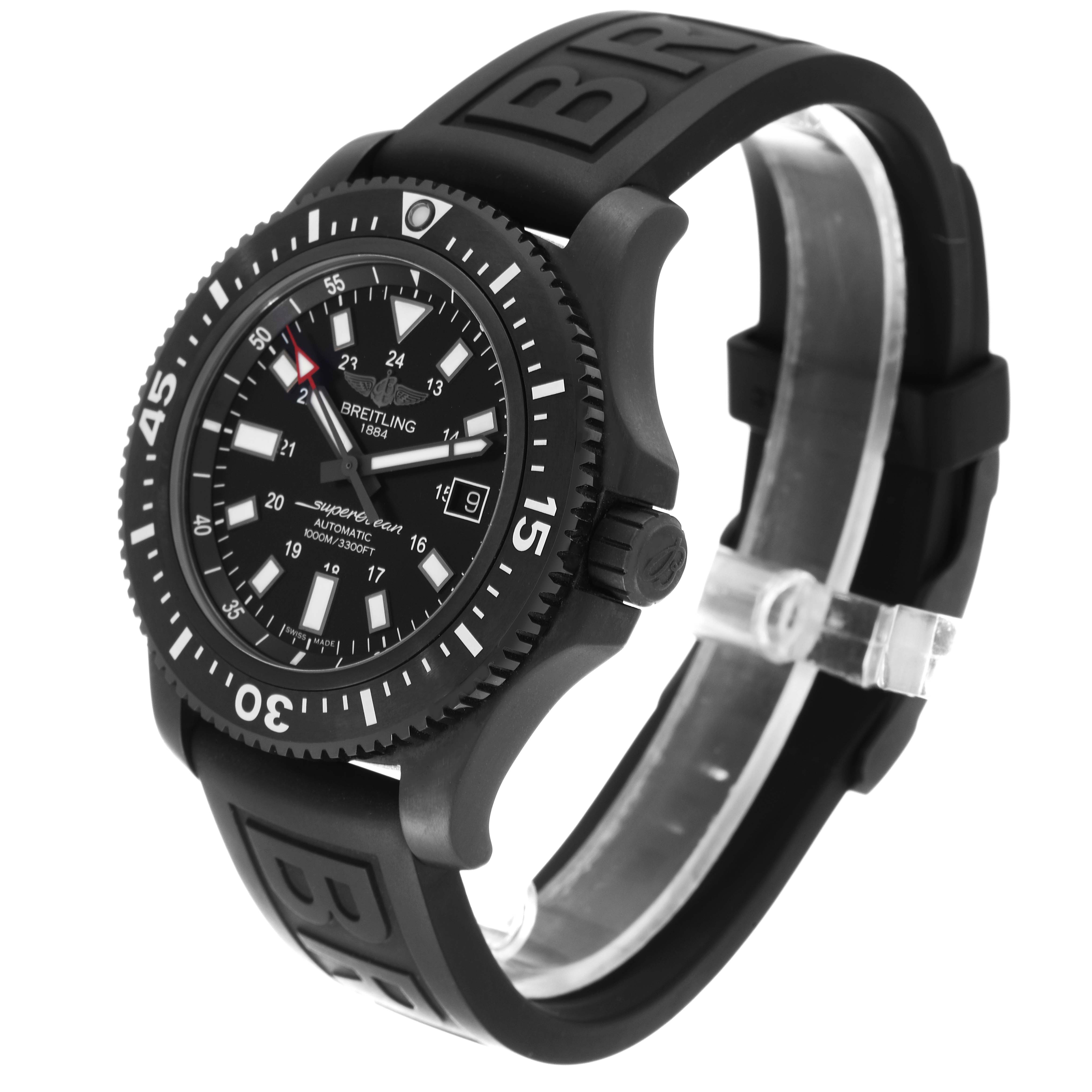 The image shows a Breitling Superocean M17393 Men's Stainless Steel Black Dial M17393 Men's Stainless Steel Black Dial watch at an angled side view, highlighting the bezel, dial, strap, and crown.