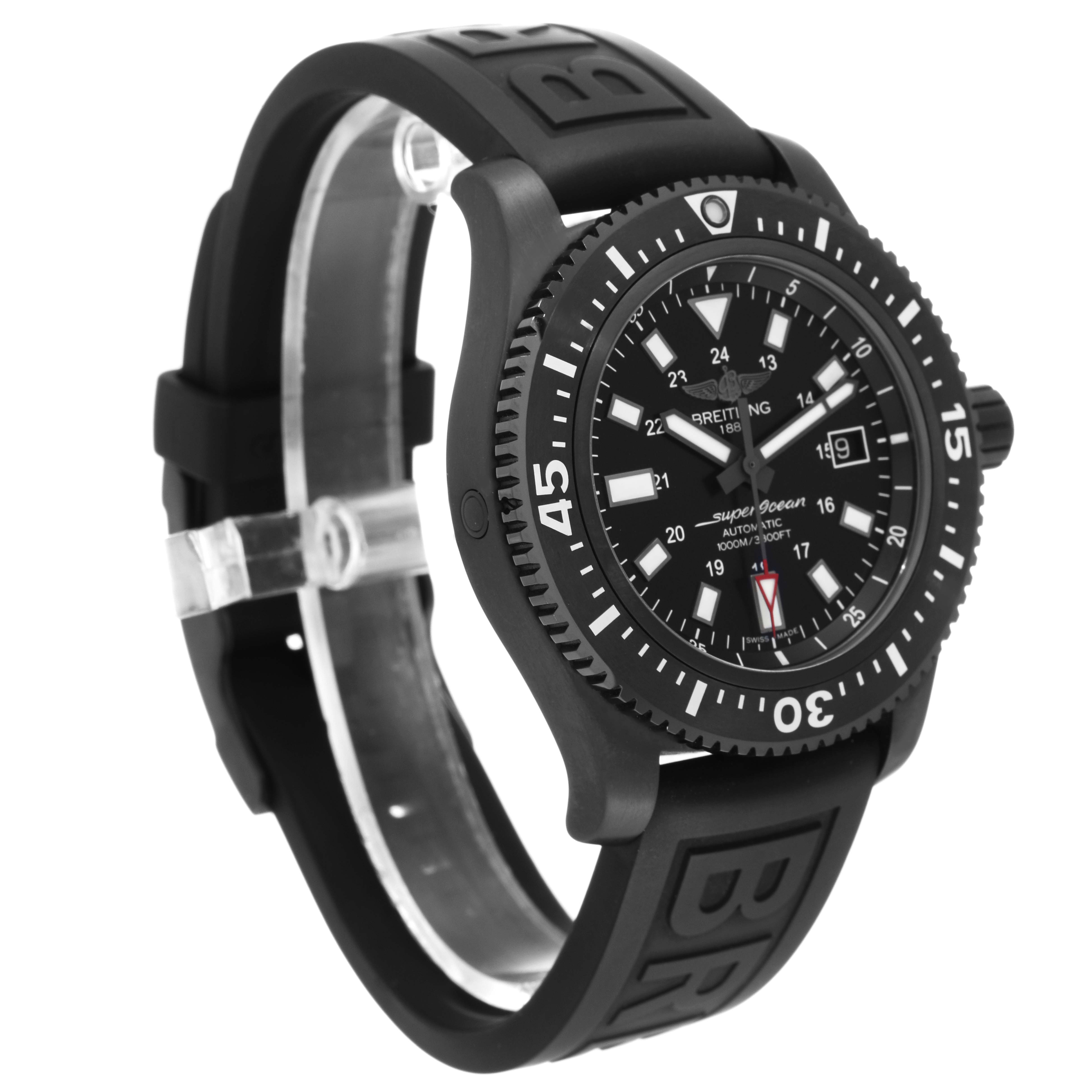 The image shows a Breitling Superocean M17393 Men's Stainless Steel Black Dial M17393 Men's Stainless Steel Black Dial watch from a three-quarter angle, highlighting the dial, bezel, and the rubber strap.