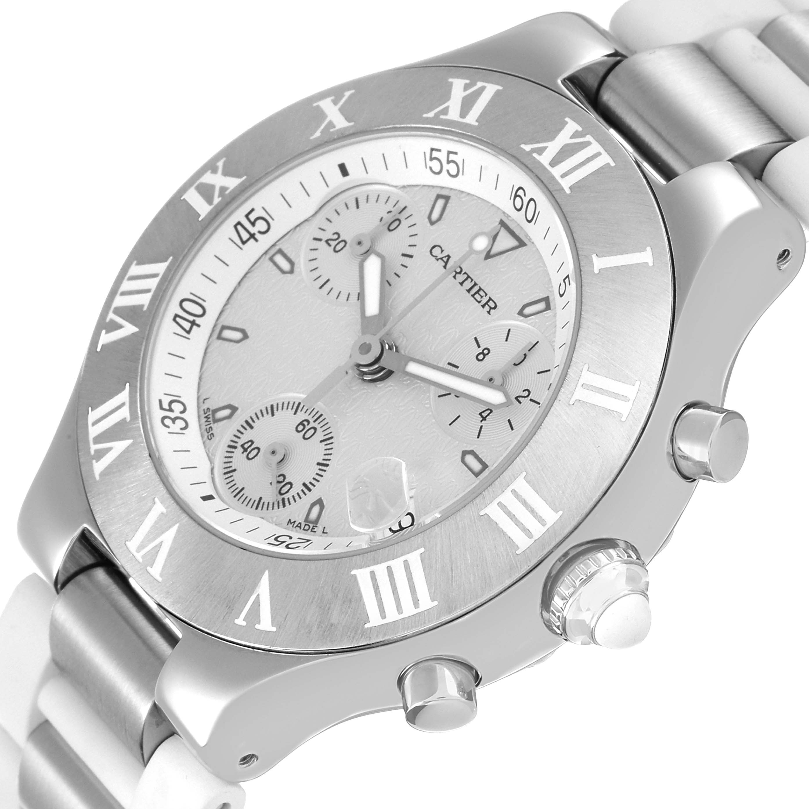 The image shows a close-up, angled view of the Cartier Must 21 W10184U2 Women's Stainless Steel White Dial W10184U2 Women's Stainless Steel White Dial watch, highlighting the dial, bezel, crown, and part of the bracelet.