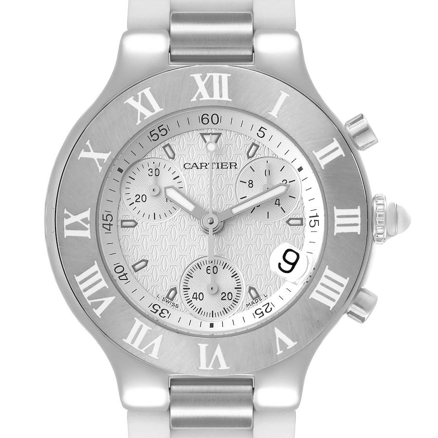 Cartier Must 21 Chronoscaph White Rubber Steel Ladies Watch W10184U2 SwissWatchExpo