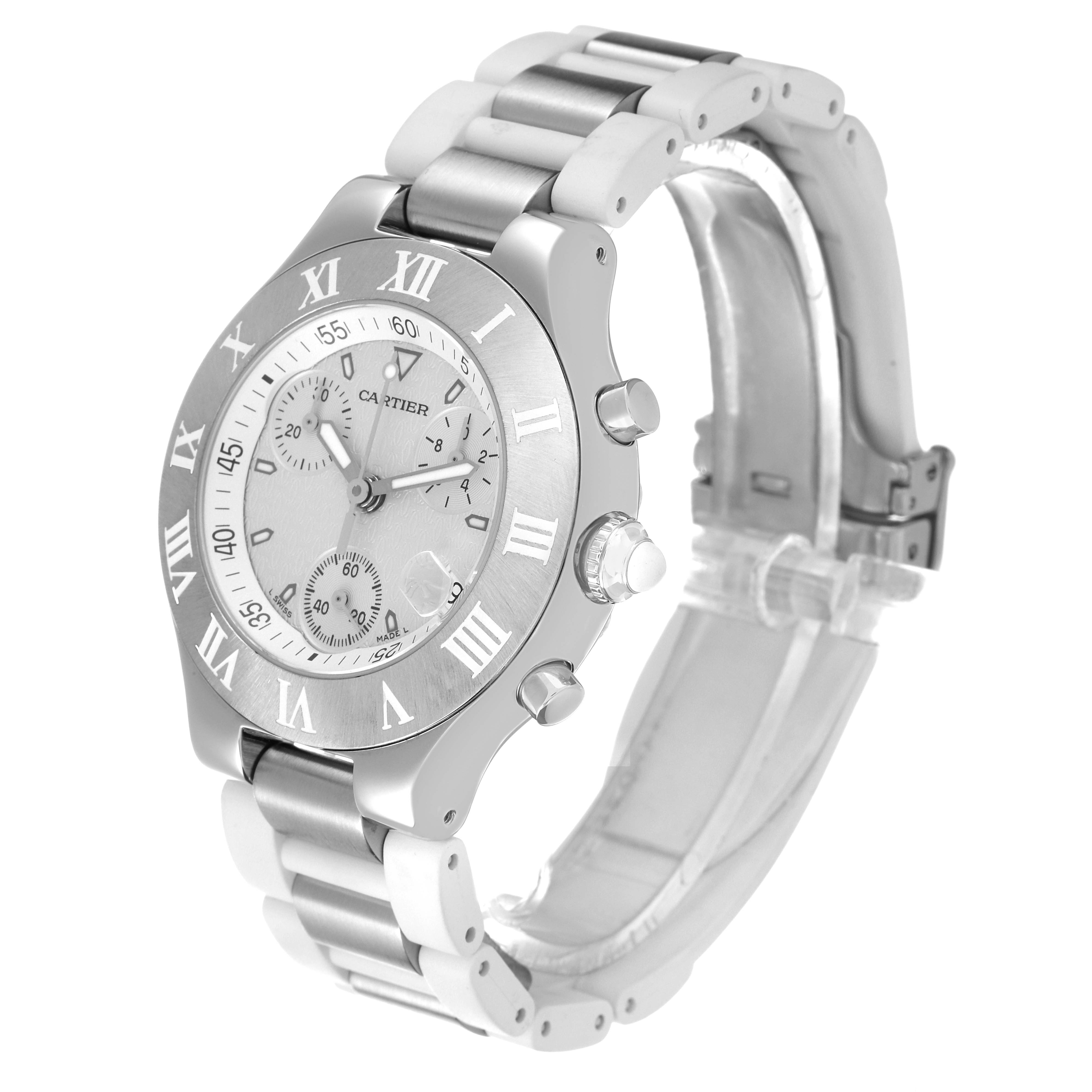 The Cartier Must 21 W10184U2 Women's Stainless Steel White Dial W10184U2 Women's Stainless Steel White Dial watch is shown at a three-quarter angle, displaying the dial, bezel, crown, pushers, and bracelet.