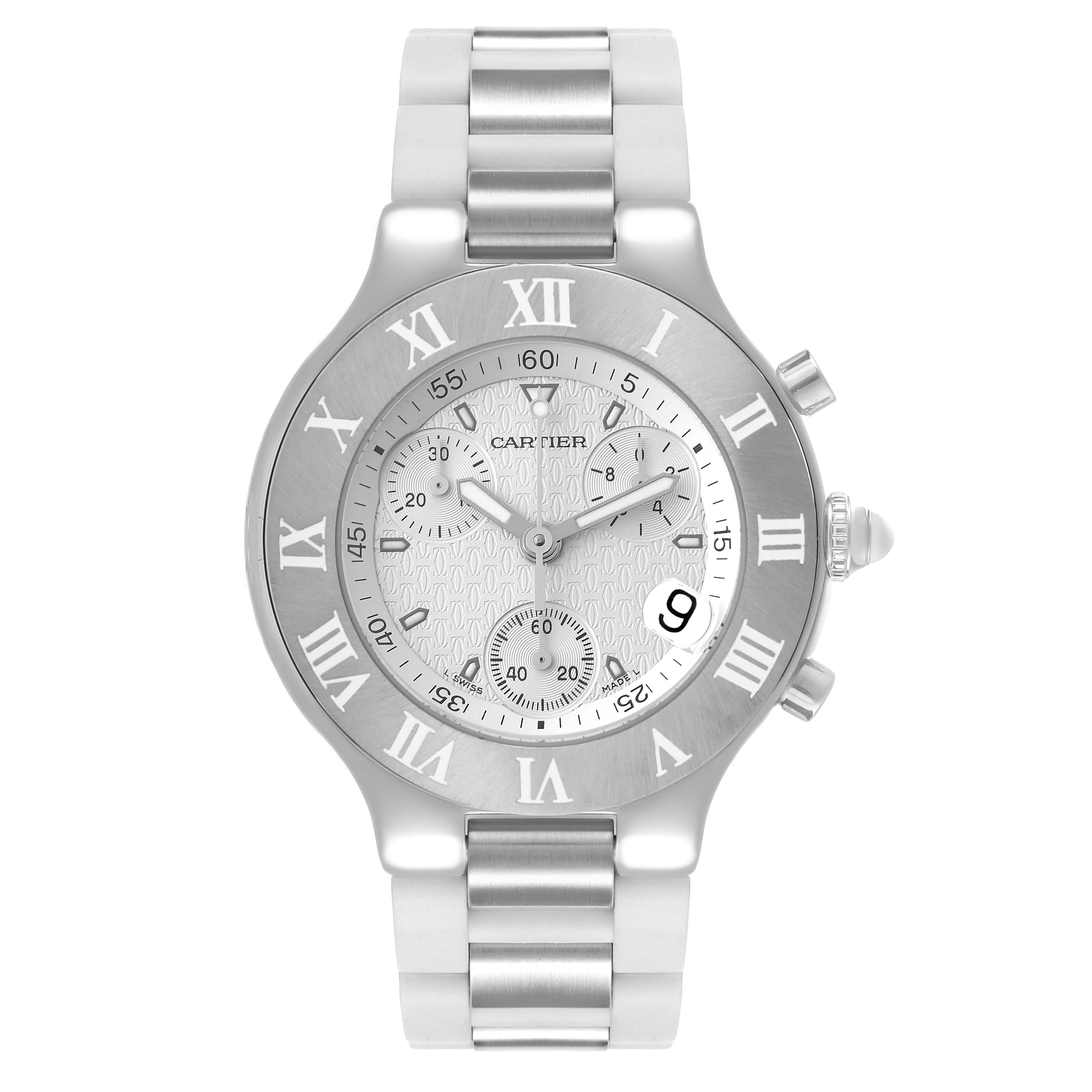 The image shows a full frontal view of the Cartier Must 21 W10184U2 Women's Stainless Steel White Dial W10184U2 Women's Stainless Steel White Dial watch, highlighting its silver bracelet, dial, and Roman numeral markers.