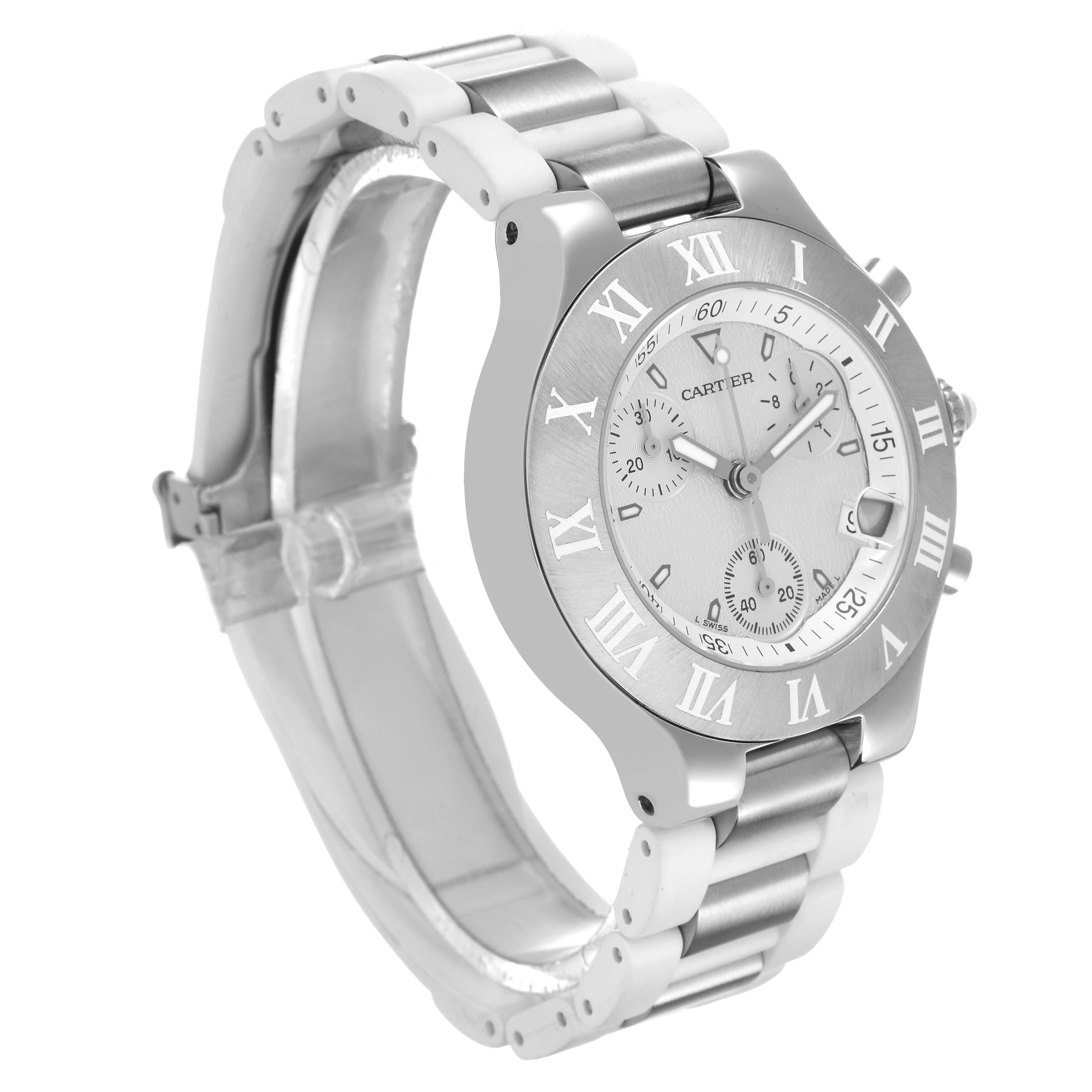 The image shows a Cartier Must 21 W10184U2 Women's Stainless Steel White Dial W10184U2 Women's Stainless Steel White Dial watch at a three-quarter angle, highlighting the face, dial, and stainless steel bracelet.