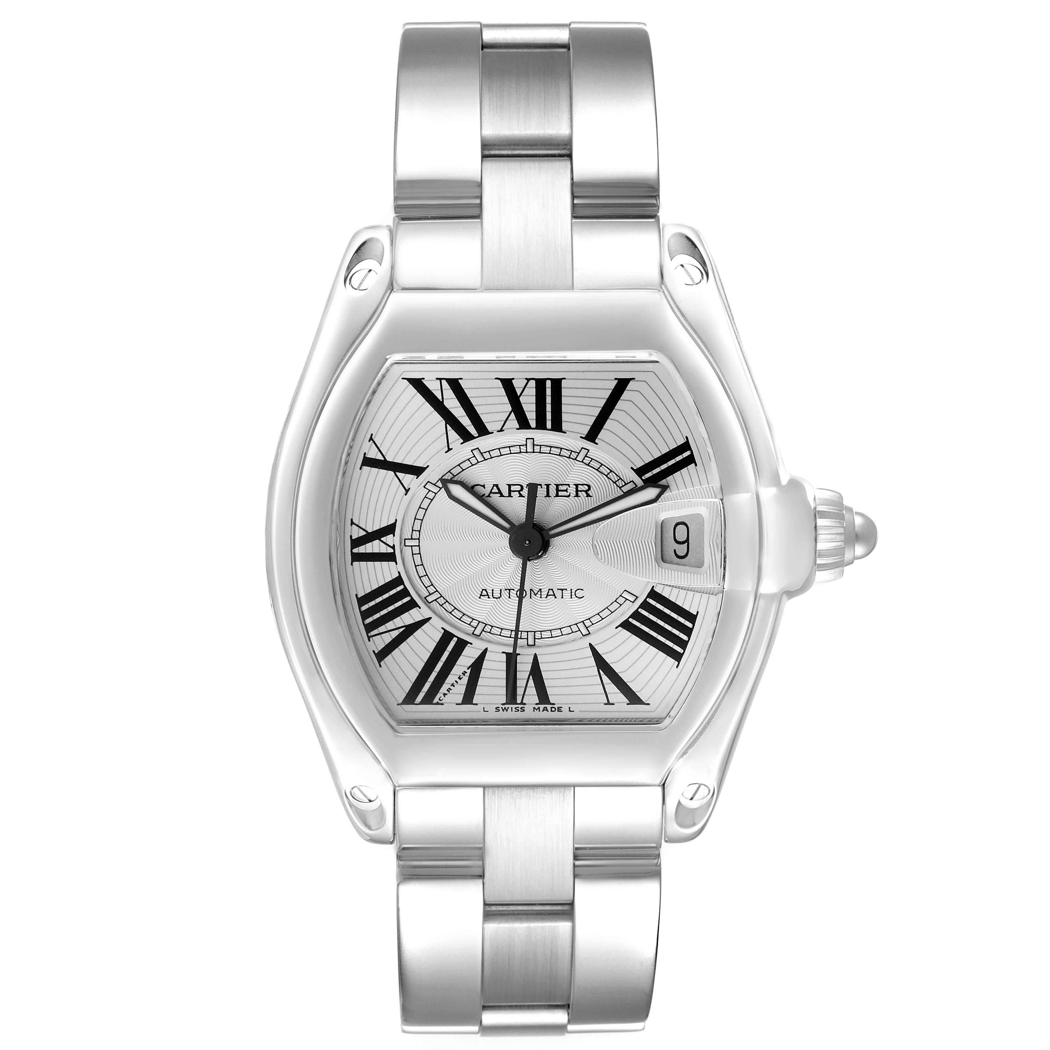 The Cartier Roadster W62025V3 Men's Stainless Steel Silver Dial W62025V3 Men's Stainless Steel Silver Dial watch is shown from a front angle, highlighting its face, bracelet, and crown.