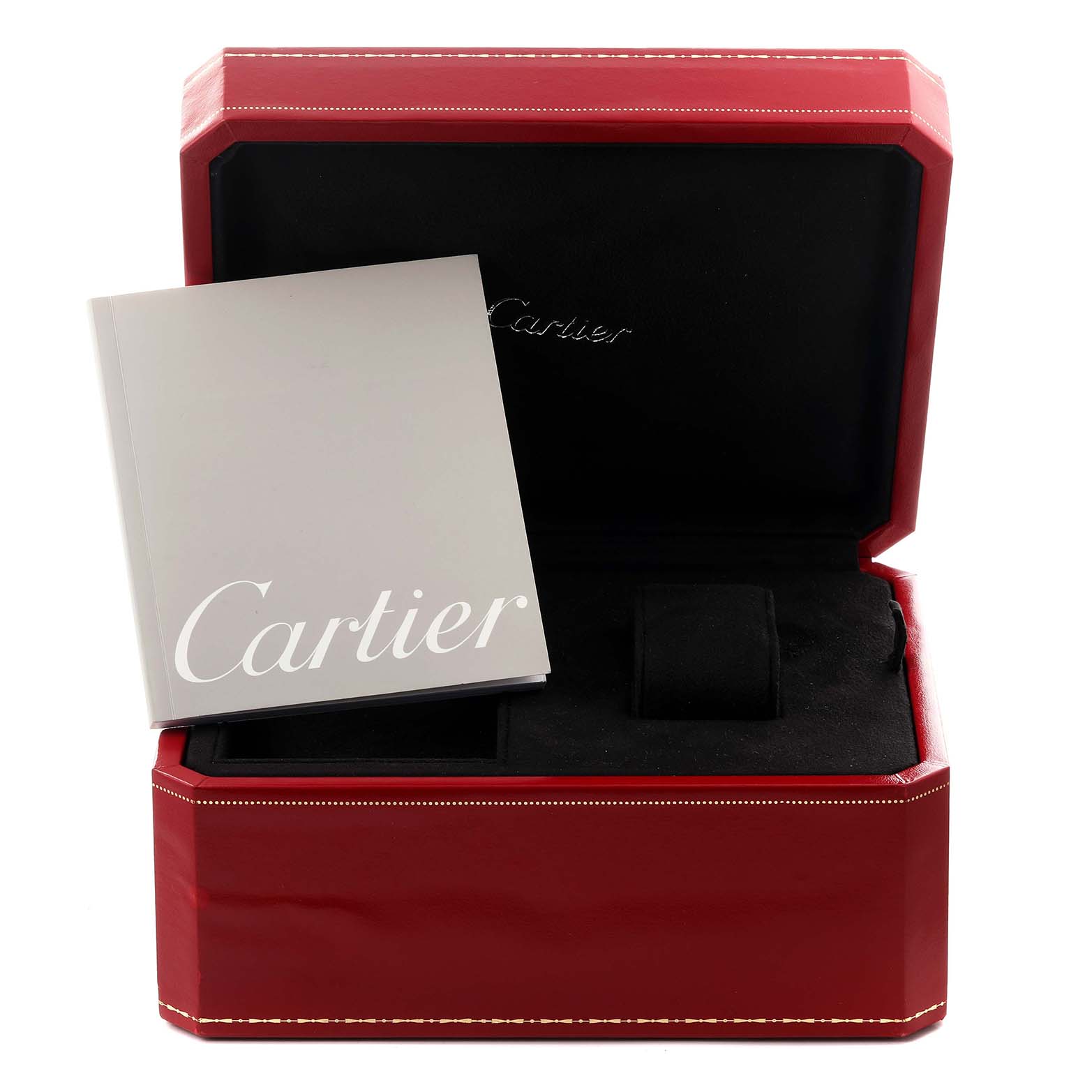 The image shows a Cartier Roadster W62025V3 Men's Stainless Steel Silver Dial W62025V3 Men's Stainless Steel Silver Dial watch box at an angle with a manual inside, revealing the interior padding.