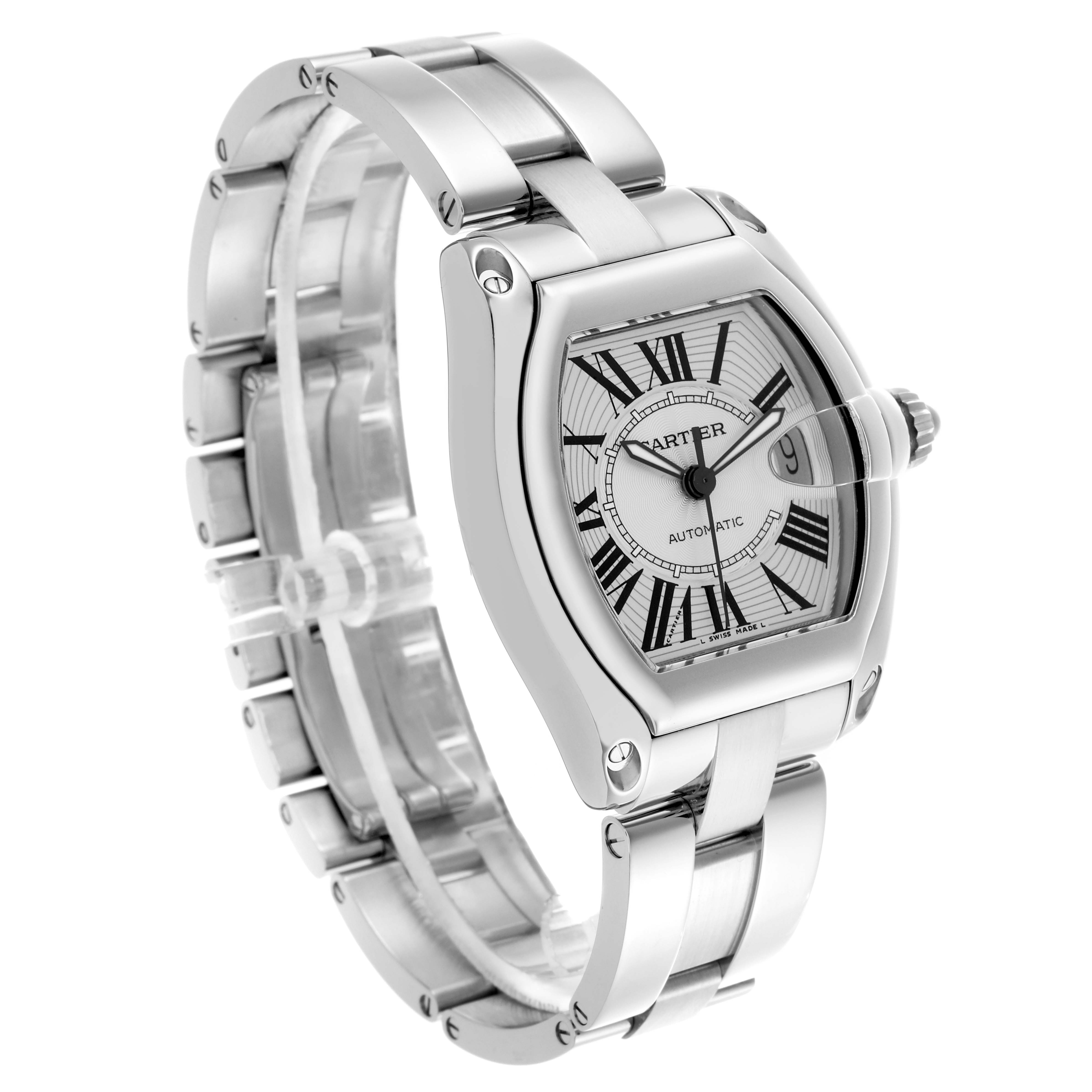 The Cartier Roadster W62025V3 Men's Stainless Steel Silver Dial W62025V3 Men's Stainless Steel Silver Dial watch is shown at an angled view, highlighting its dial, case, and bracelet.