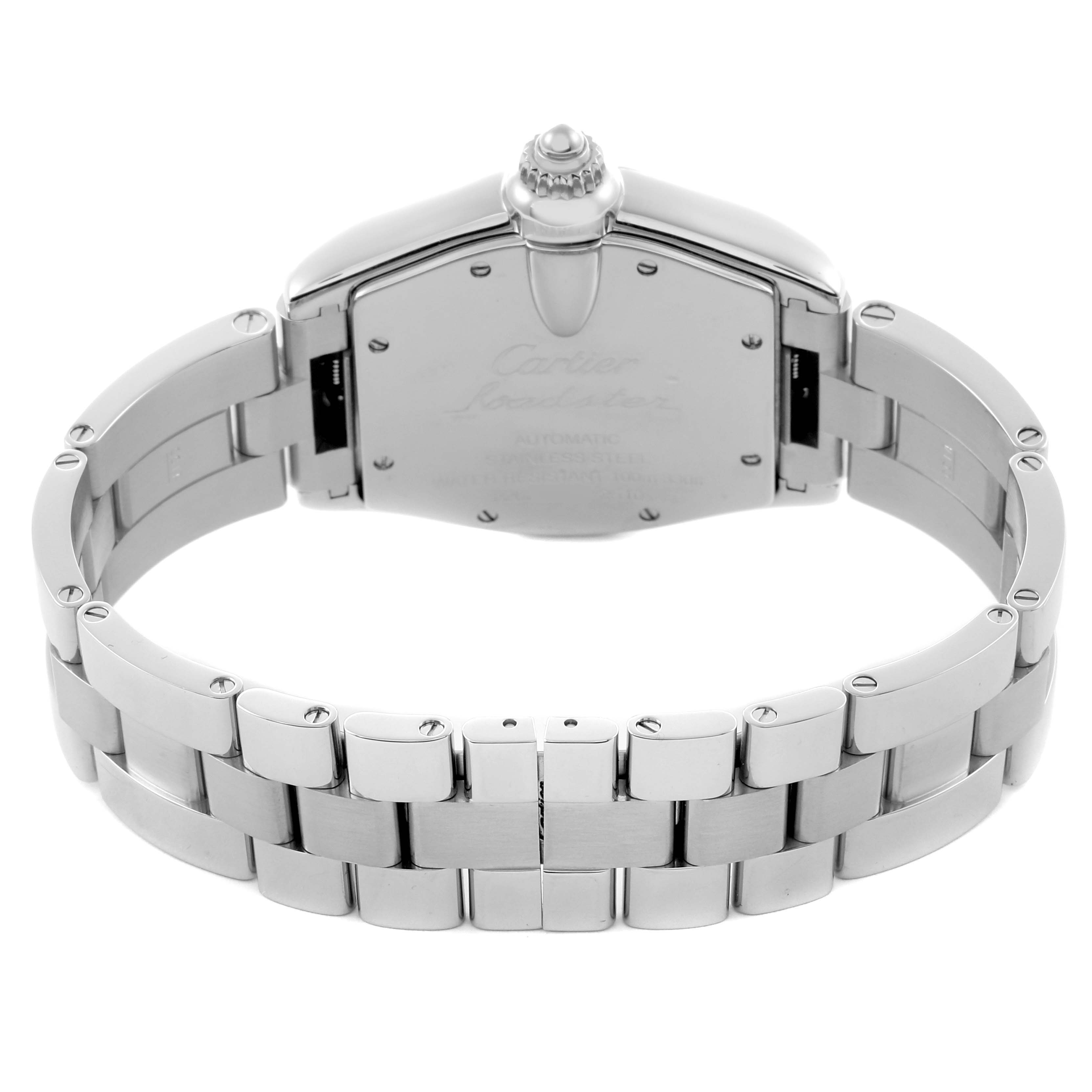 The image shows the back and bracelet of a Cartier Roadster W62025V3 Men's Stainless Steel Silver Dial W62025V3 Men's Stainless Steel Silver Dial watch from a rear angle.
