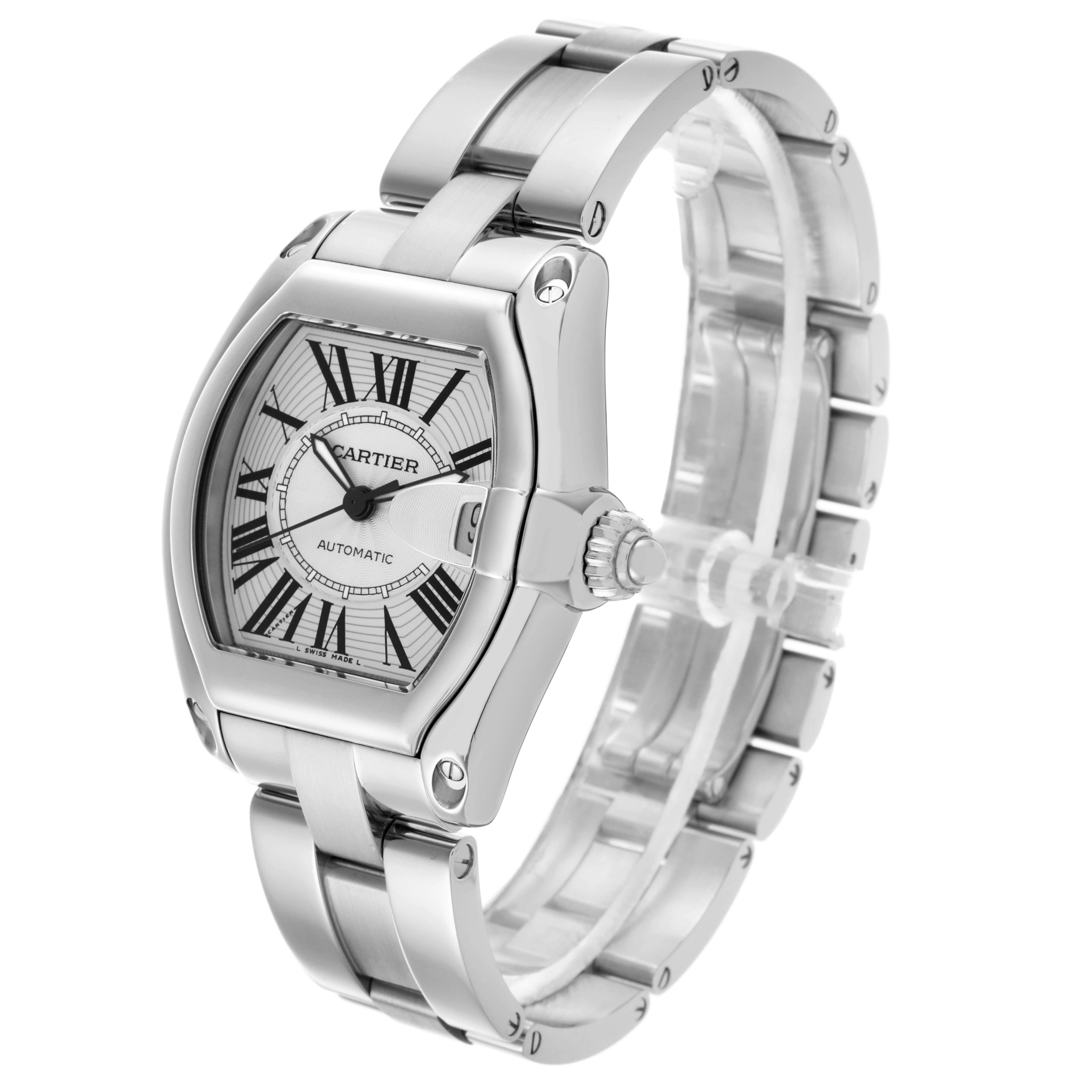 The Cartier Roadster W62025V3 Men's Stainless Steel Silver Dial W62025V3 Men's Stainless Steel Silver Dial watch is shown at a three-quarter angle, highlighting the face, bezel, bracelet, and crown.