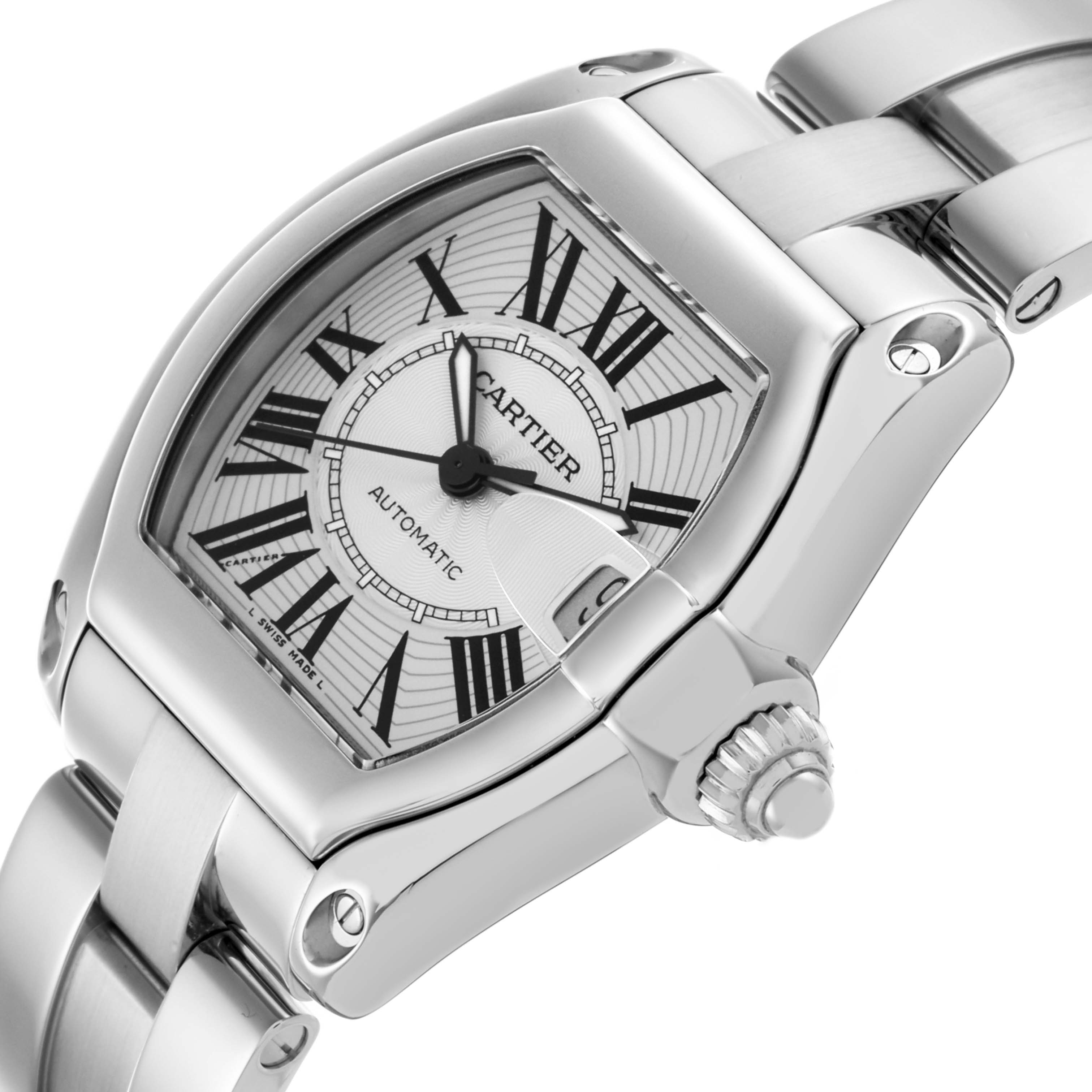 The Cartier Roadster W62025V3 Men's Stainless Steel Silver Dial W62025V3 Men's Stainless Steel Silver Dial watch is shown at a close-up angle, highlighting the dial, casing, and bracelet.