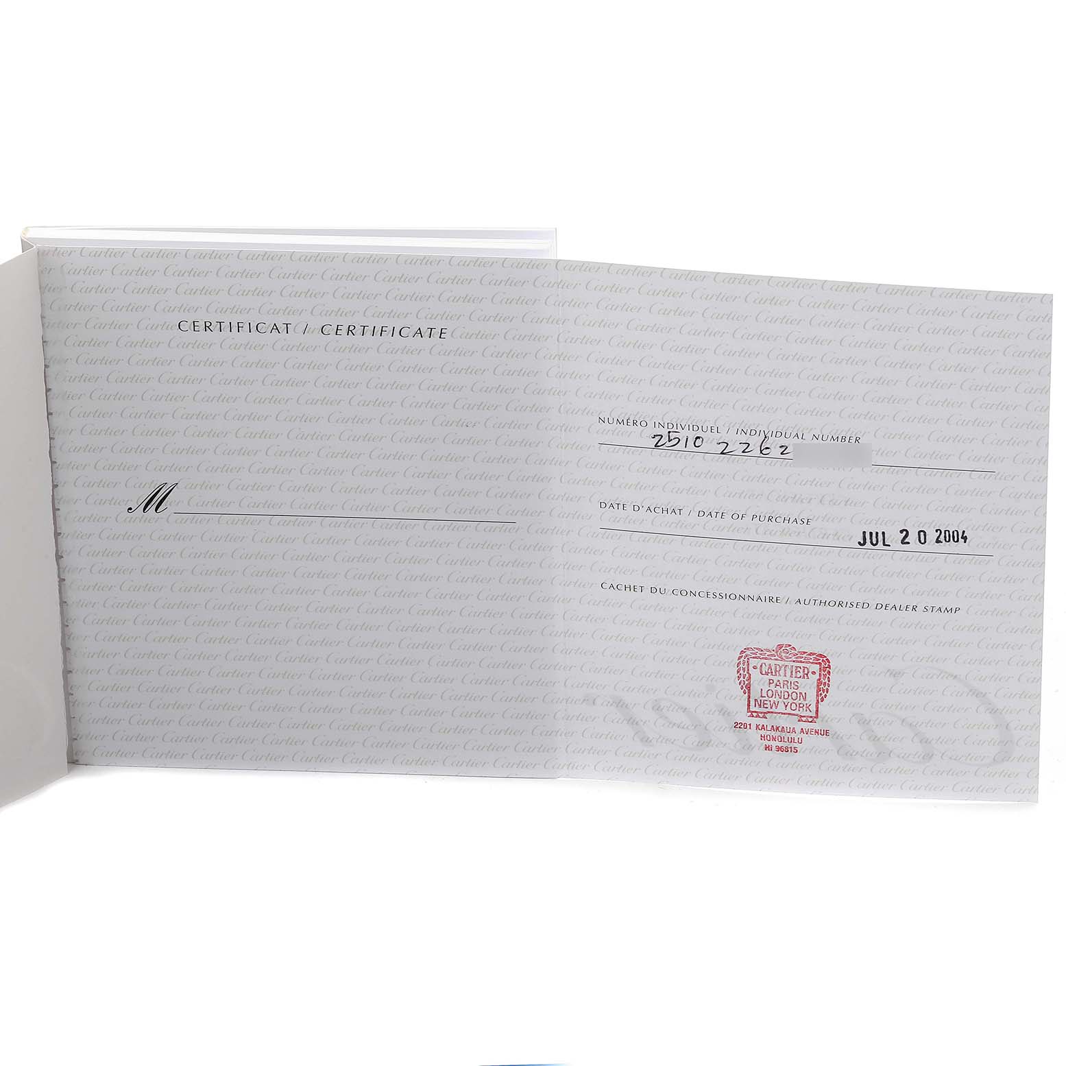 The image displays a Cartier Roadster W62025V3 Men's Stainless Steel Silver Dial W62025V3 Men's Stainless Steel Silver Dial model's certificate, showing the purchase date and dealer stamp.