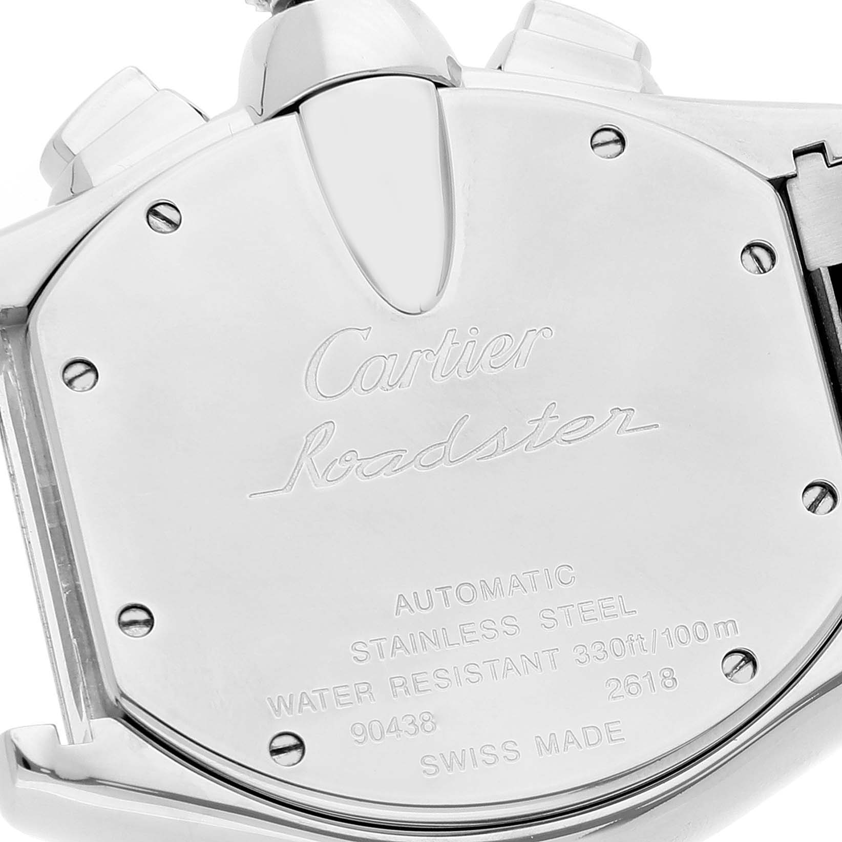 This image shows the back case of a Cartier Roadster W62020X6 Men's Stainless Steel Black Dial W62020X6 Men's Stainless Steel Black Dial watch, showcasing engraved details like brand, model, and specifications.