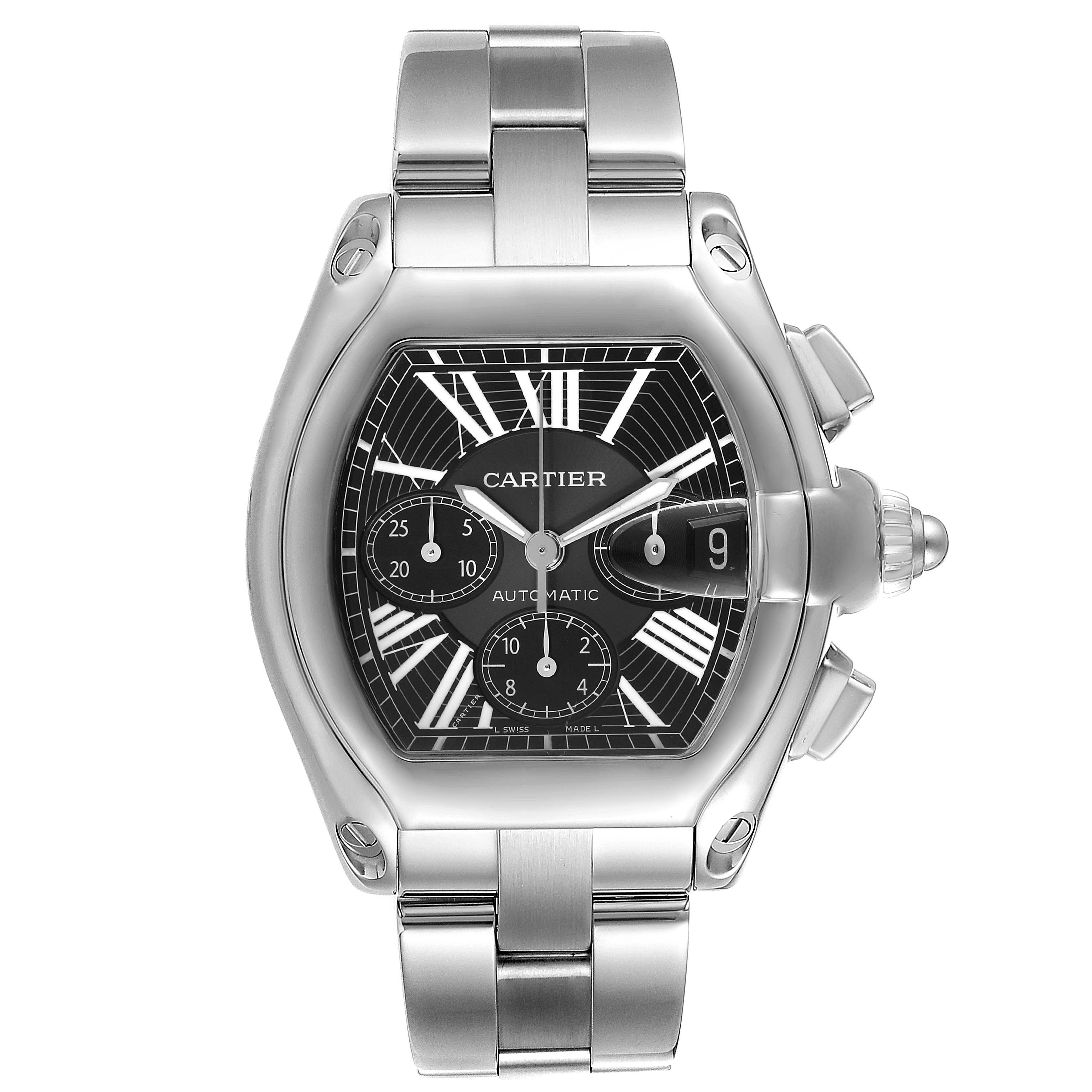 This image shows a front view of the Cartier Roadster W62020X6 Men's Stainless Steel Black Dial W62020X6 Men's Stainless Steel Black Dial watch, featuring its face, dial, and stainless steel bracelet.