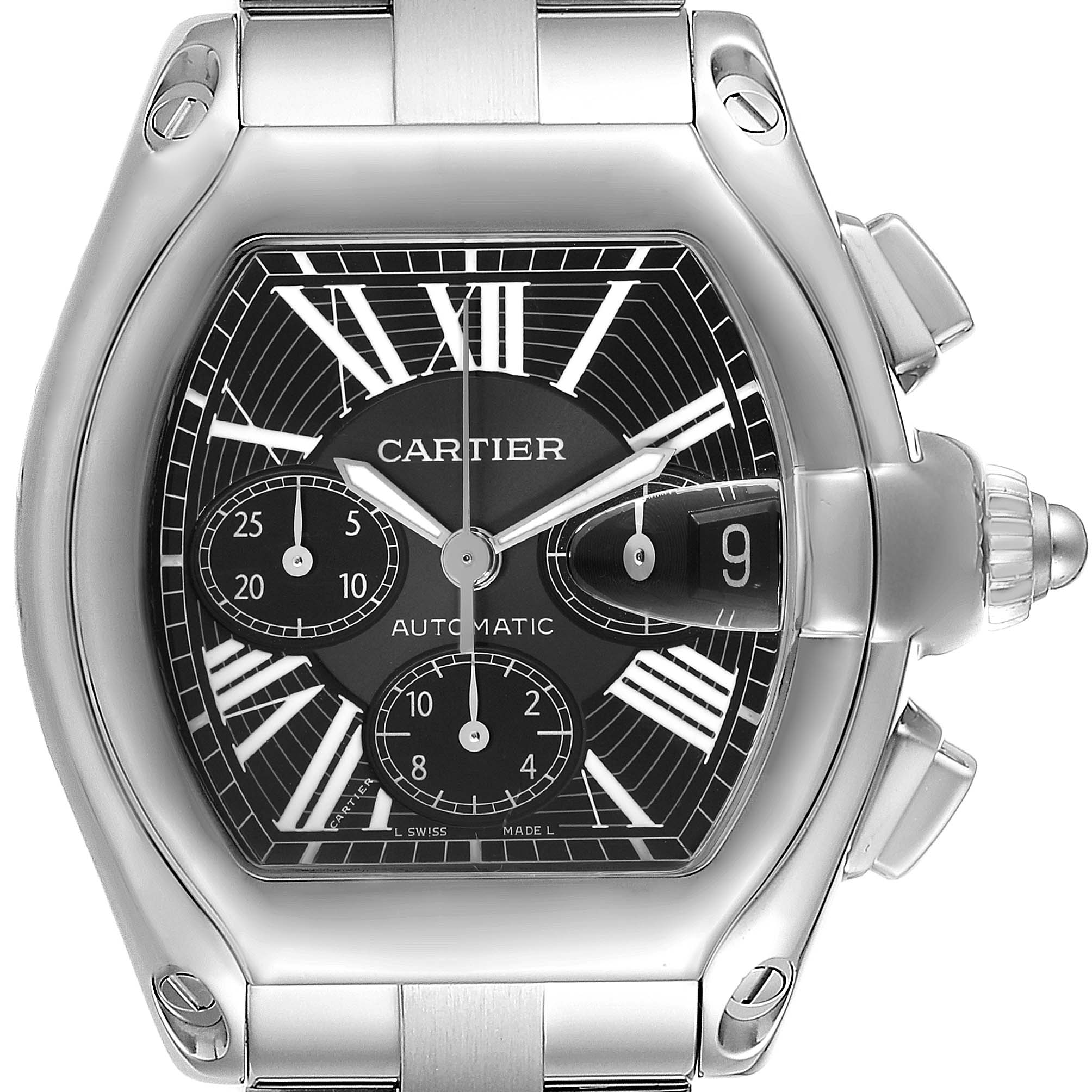 The image shows a frontal view of the Cartier Roadster W62020X6 Men's Stainless Steel Black Dial W62020X6 Men's Stainless Steel Black Dial watch, highlighting its black dial, Roman numerals, and chronograph subdials.