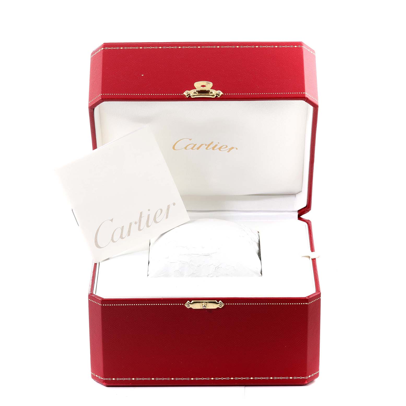 The image shows a Cartier Roadster W62020X6 Men's Stainless Steel Black Dial W62020X6 Men's Stainless Steel Black Dial watch in its open red Cartier box with accompanying documents.