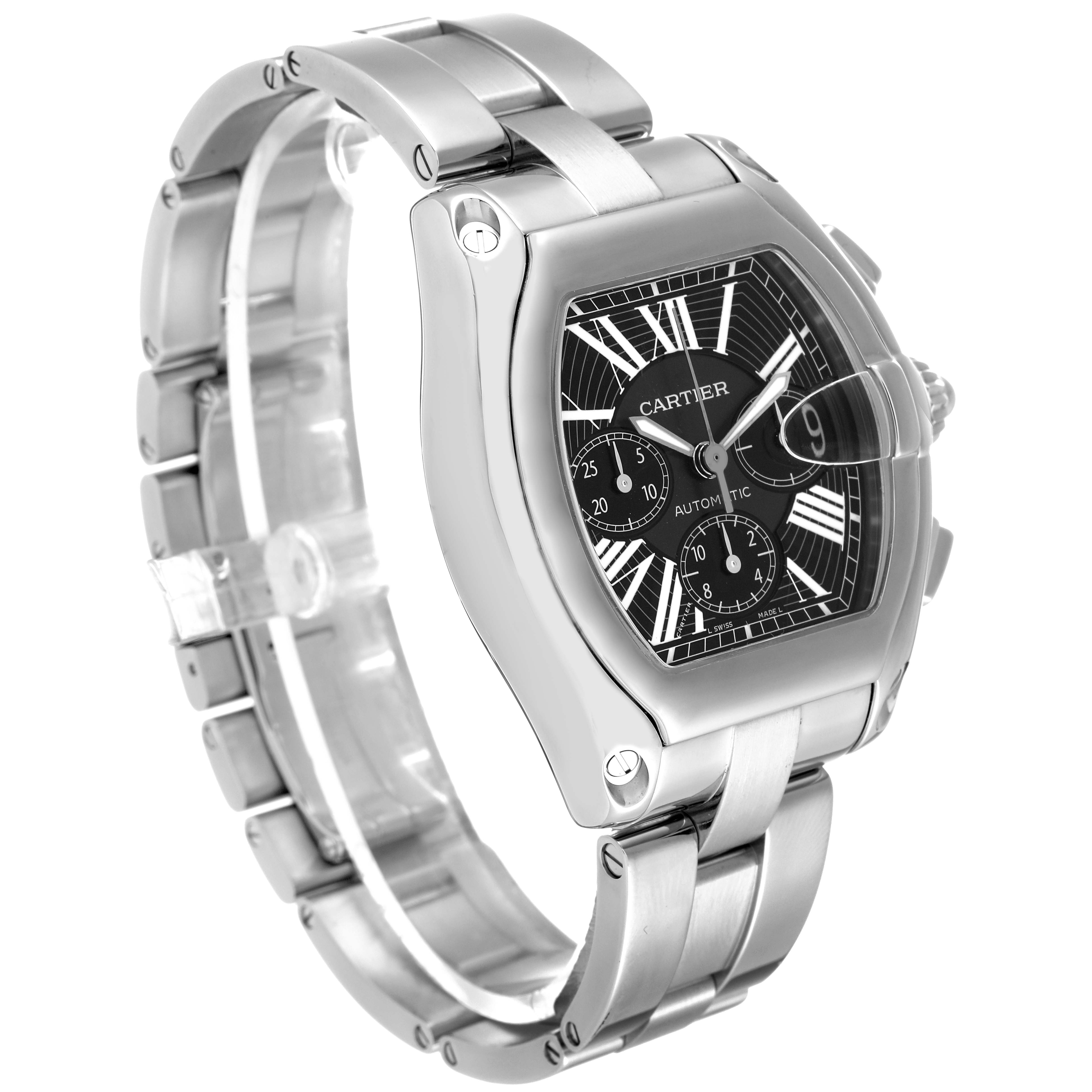The image shows a Cartier Roadster W62020X6 Men's Stainless Steel Black Dial W62020X6 Men's Stainless Steel Black Dial watch at a three-quarter angle, highlighting its face and metal bracelet.