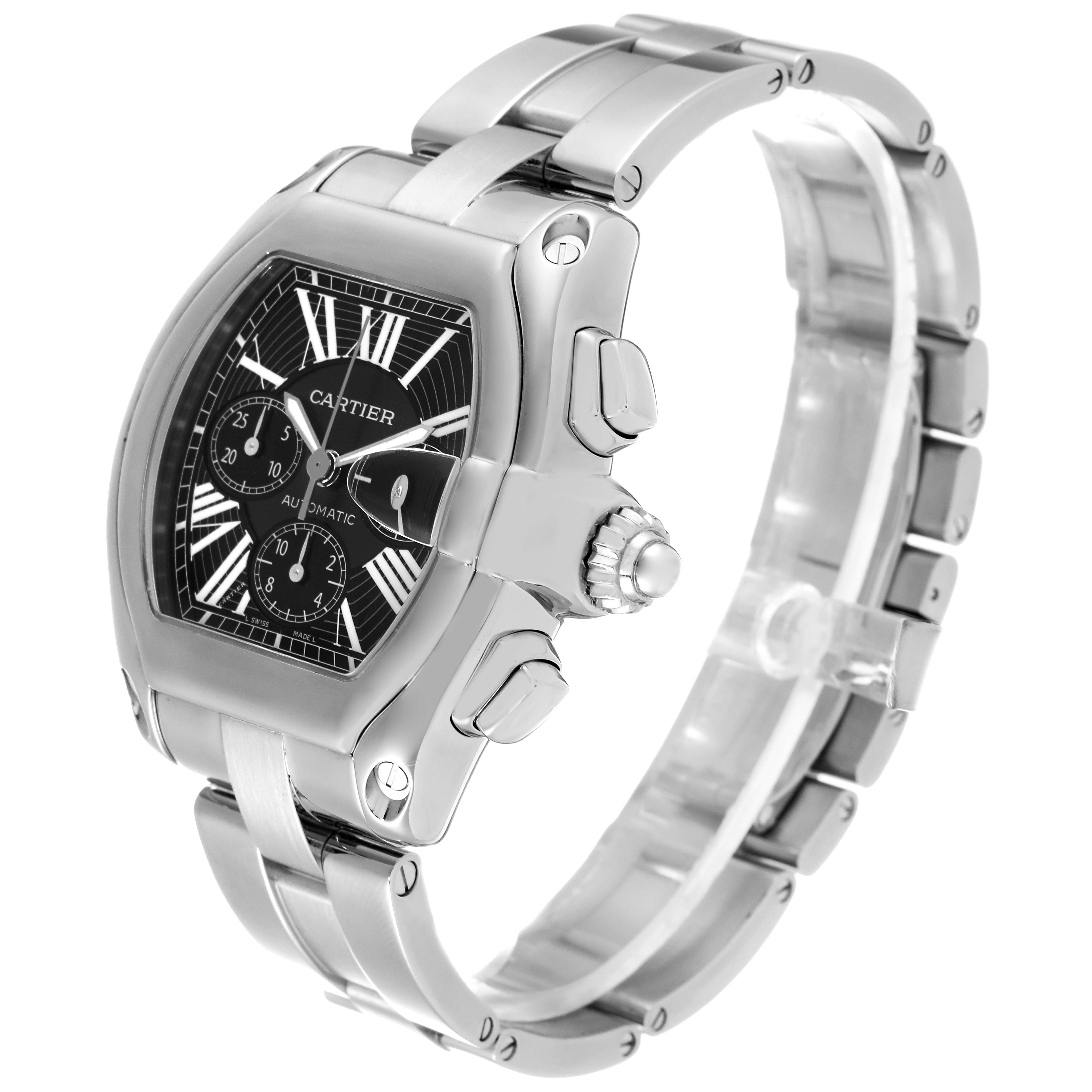 The Cartier Roadster W62020X6 Men's Stainless Steel Black Dial W62020X6 Men's Stainless Steel Black Dial watch is shown at an angle displaying its face, side buttons, and bracelet.