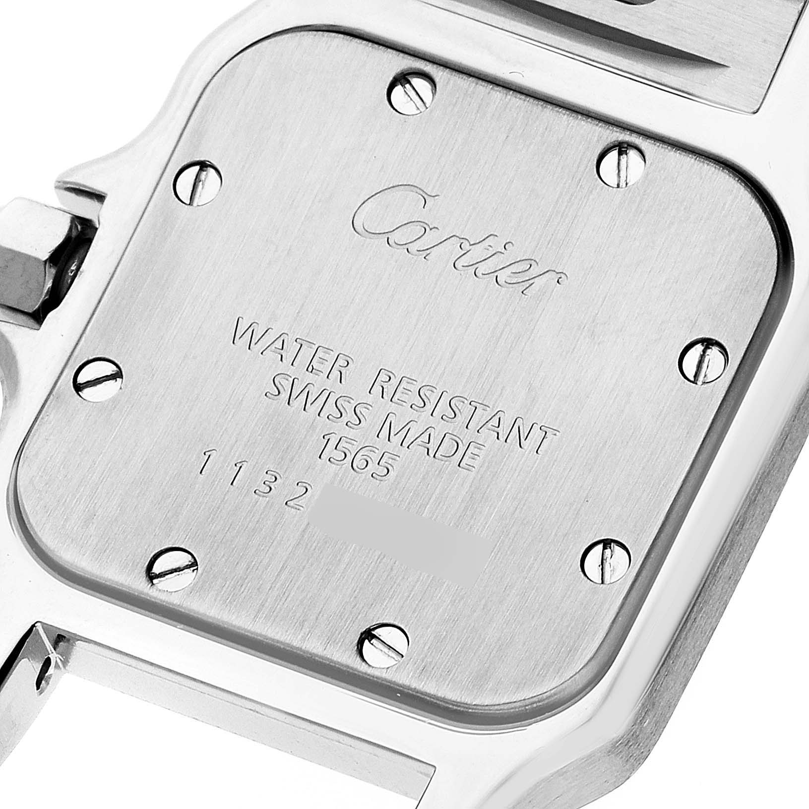 This image shows the back cover of a Cartier Santos W20056D6 Women's Stainless Steel Silver Dial W20056D6 Women's Stainless Steel Silver Dial watch, featuring screws and engraving details.
