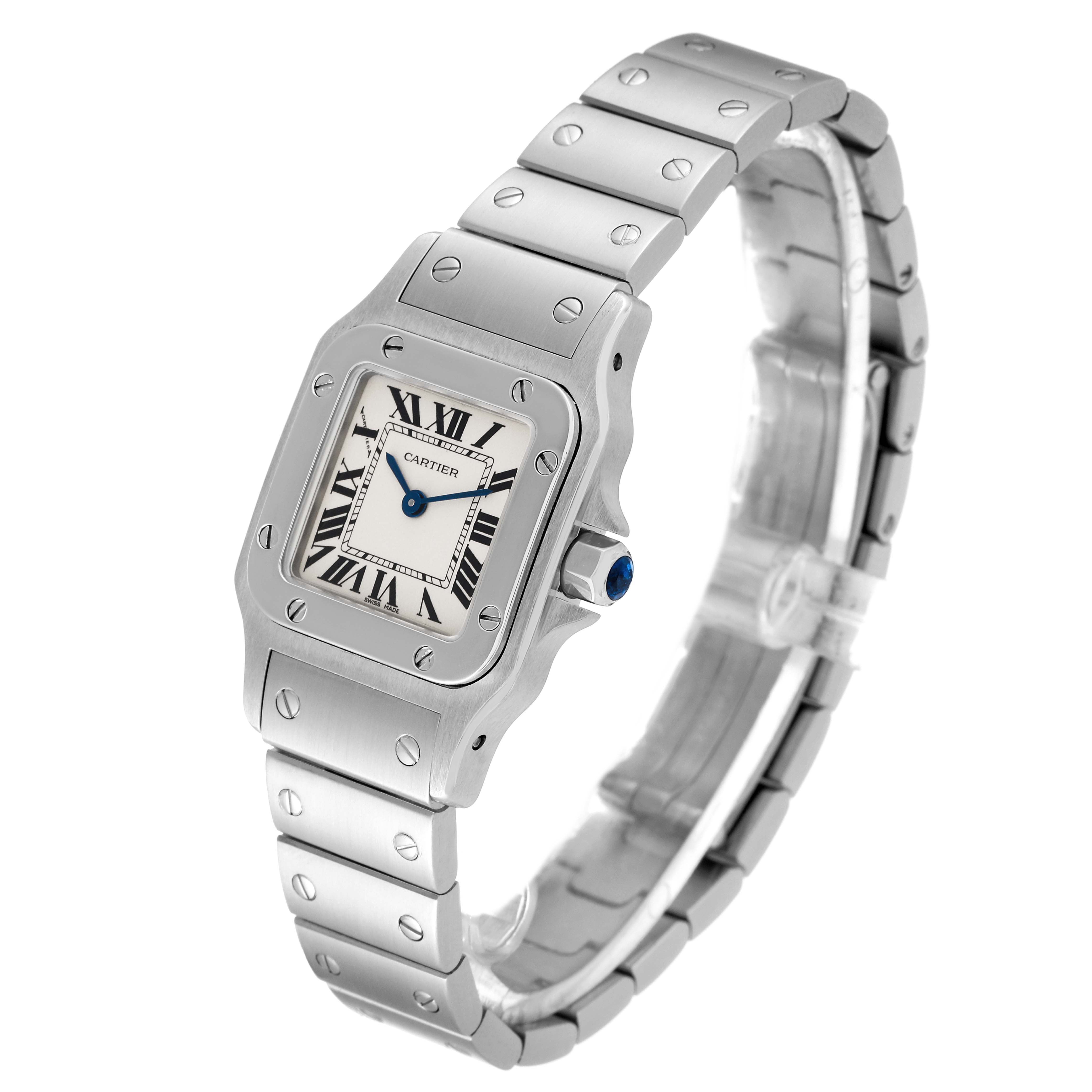 This image shows a Cartier Santos W20056D6 Women's Stainless Steel Silver Dial W20056D6 Women's Stainless Steel Silver Dial watch at an angled view, highlighting its face, bezel, crown, and bracelet.