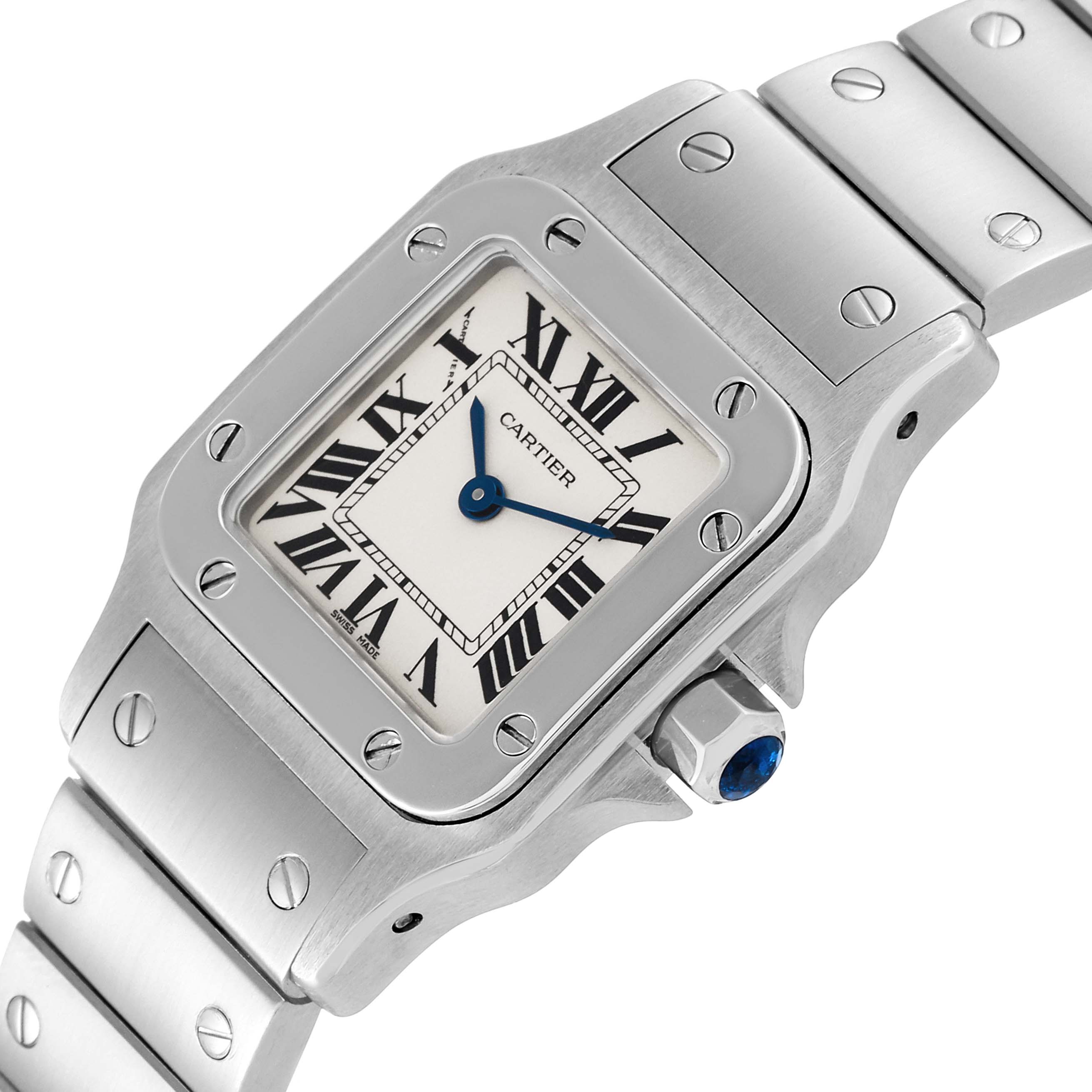 The image shows a close-up angle of the Cartier Santos W20056D6 Women's Stainless Steel Silver Dial W20056D6 Women's Stainless Steel Silver Dial watch's face and part of the metal bracelet.
