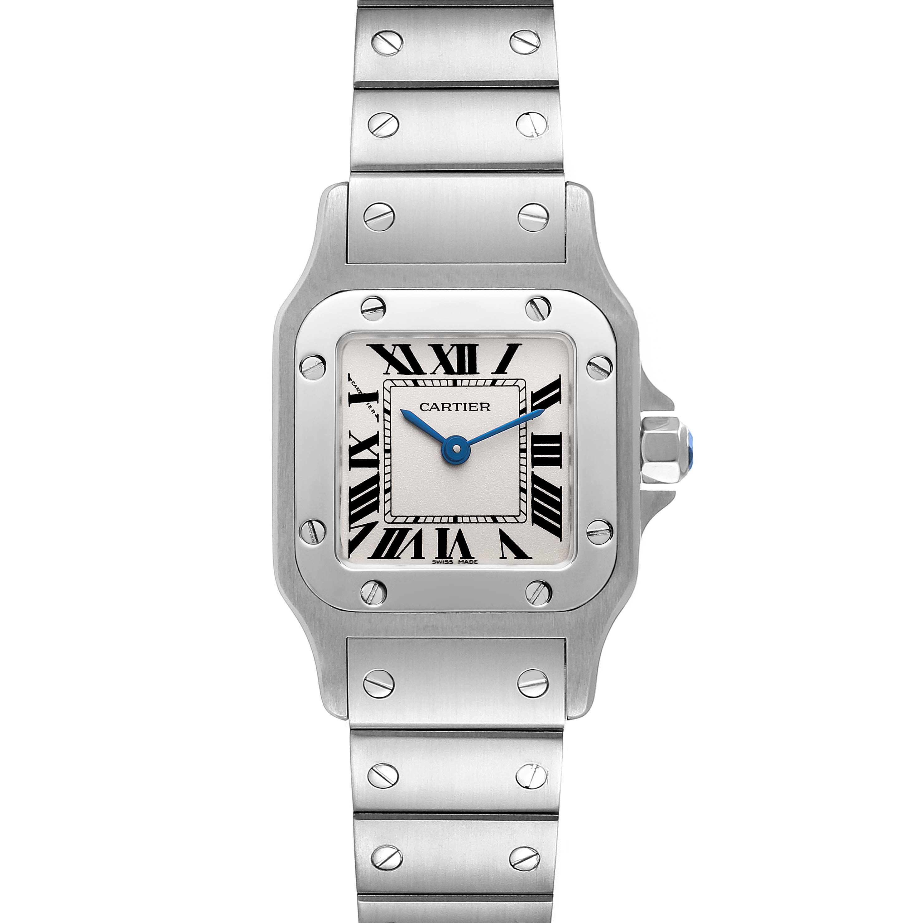 The image shows a Cartier Santos W20056D6 Women's Stainless Steel Silver Dial W20056D6 Women's Stainless Steel Silver Dial watch from a front angle, detailing the face, crown, and bracelet.
